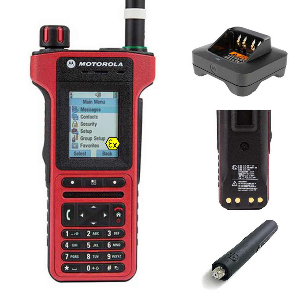 Rotes Motorola Funkgerät mit Display, das Menüoptionen anzeigt. Ladegerät, Rückansicht und abnehmbare Antenne separat dargestellt.