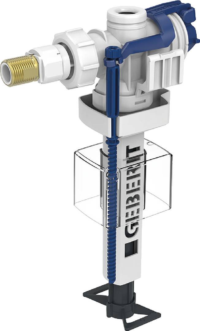 Geberit-Füllventil für Toiletten mit vertikalem blauem Schieber und weißem Gehäuse, entwickelt für effiziente Wasserkontrolle in Spülkästen.