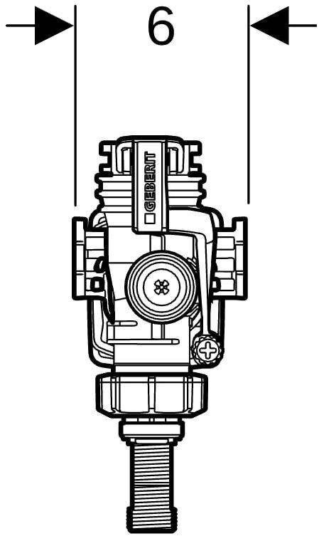 Ein technisches Schaltplan eines Ventils mit mehreren Ein- und Auslässen, gekennzeichnet mit „Geberit