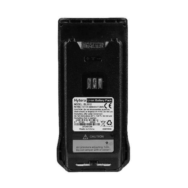 Hytera Lithium-Ionen-Akkupack, Modell BL2507, von der Etikett-Seite gezeigt mit sichtbaren Spezifikationen und Vorsichtswarnung.