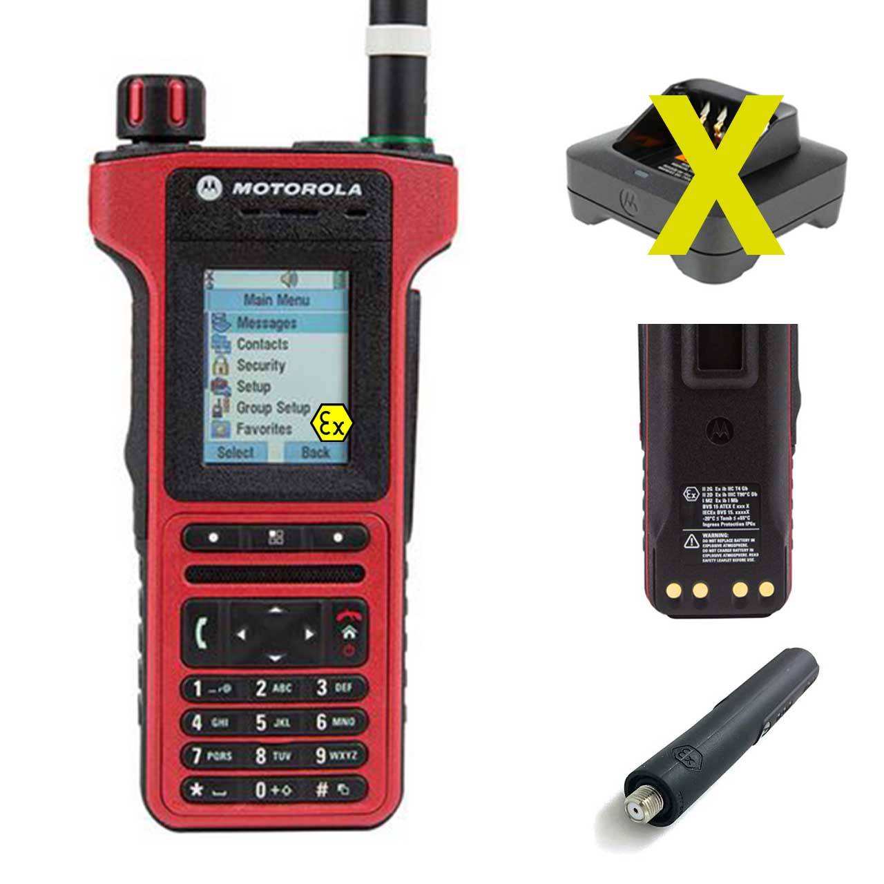 Rotes Motorola-Funkgerät mit Displaymenü mit Optionen wie „Nachrichten