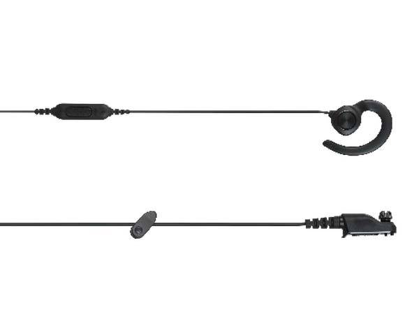 Ein schwarzes Mono-Ohrhörer-Headset mit angebautem Mikrofon und kleiner Steuertaste, entwickelt für freihändige Kommunikation.