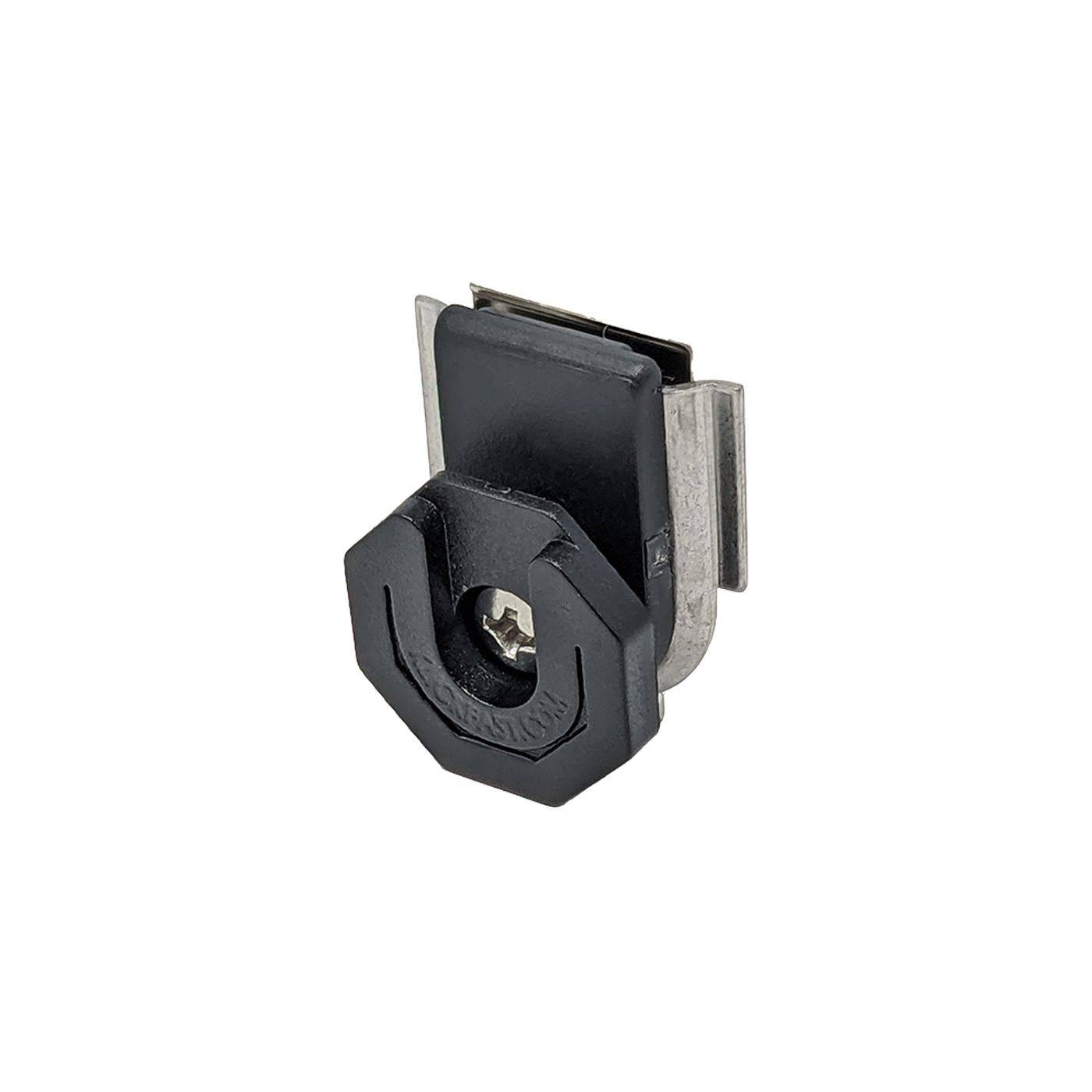 Ein schwarzer Muttern- und Schraubenbefestiger mit einer Metallhalterung, der zum Sichern von Komponenten in mechanischen oder Montageanwendungen verwendet wird.