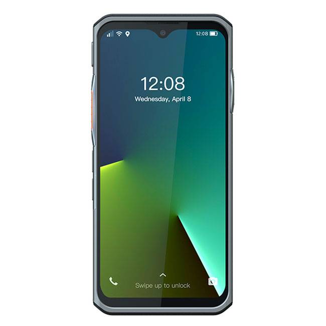 Ein robustes Smartphone mit einem Sperrbildschirm, auf dem die Uhrzeit '12:08' und das Datum 'Mittwoch, 8. April' angezeigt werden. Der Text am unteren Rand lautet 'Nach oben wischen zum Entsperren'.
