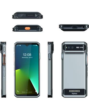 Vorder-, Rück-, Seiten- und Draufsichten eines robusten Smartphones mit widerstandsfähigem Gehäuse. Der Bildschirm zeigt die Uhrzeit „10:08