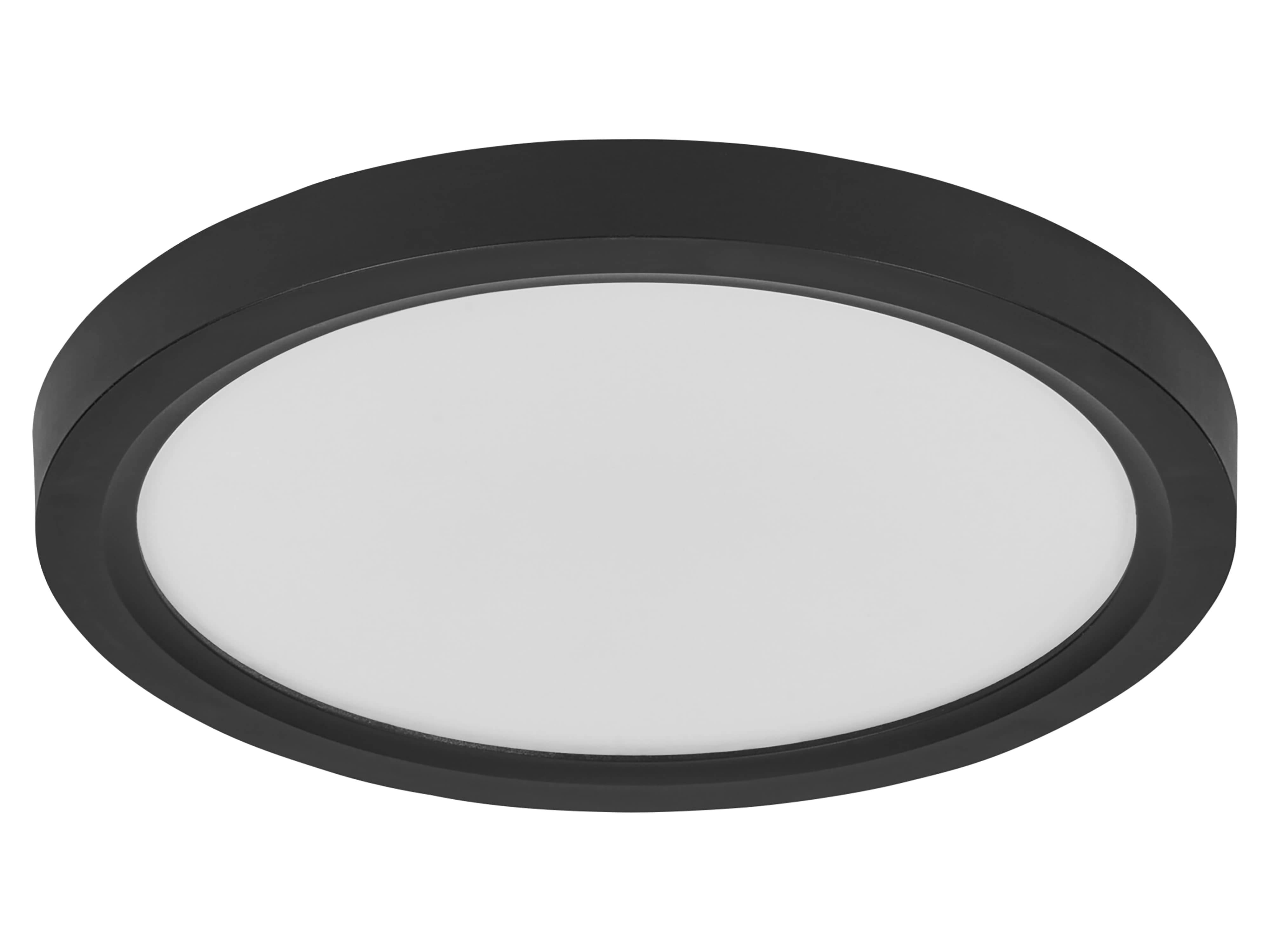 Eine runde, moderne schwarze Deckenleuchte mit einer flachen, weißen Mitte.