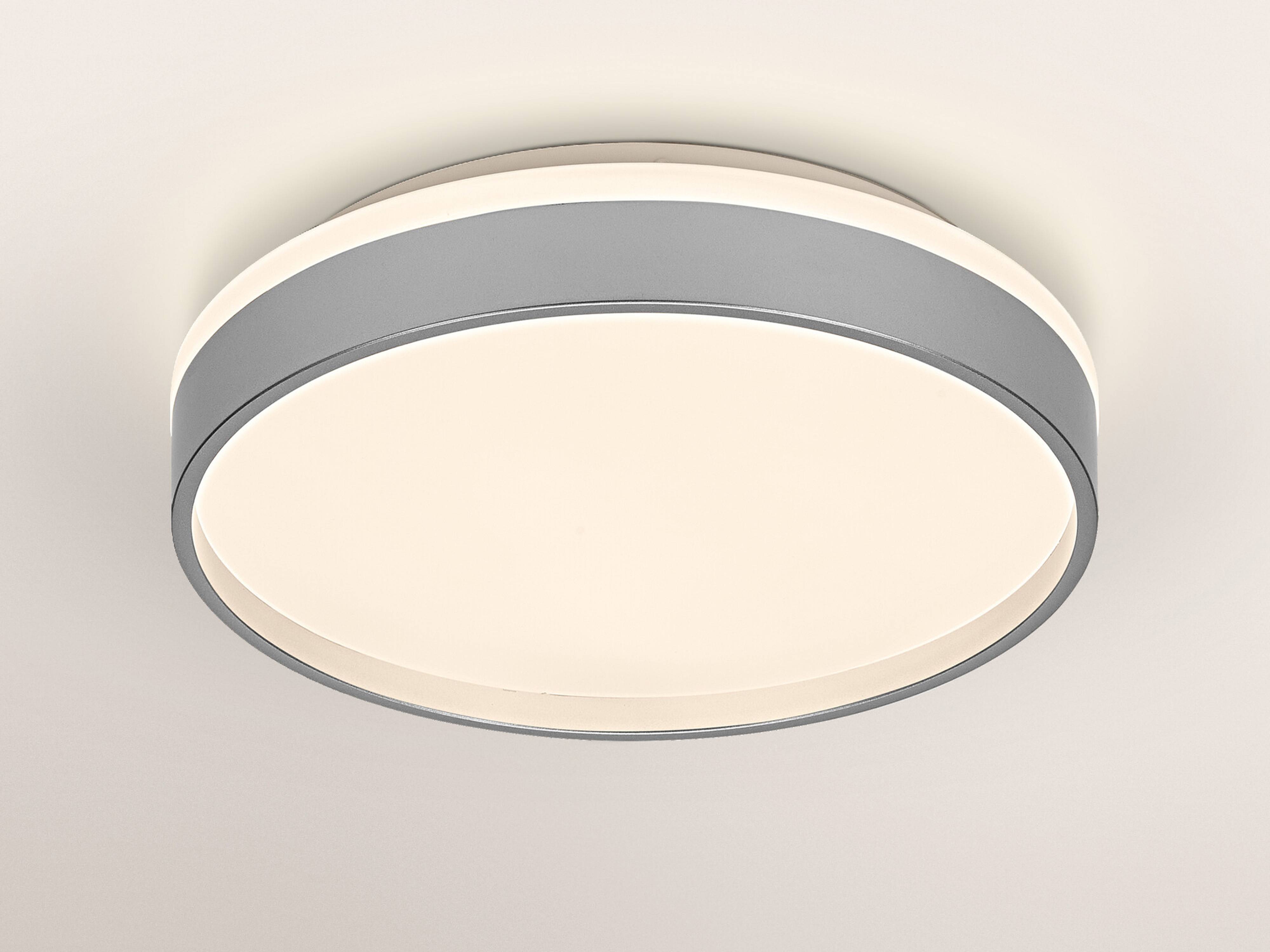 Eine moderne, runde Deckenleuchte mit schlankem weiß-grauem Design, montiert an einer hell gefärbten Decke.