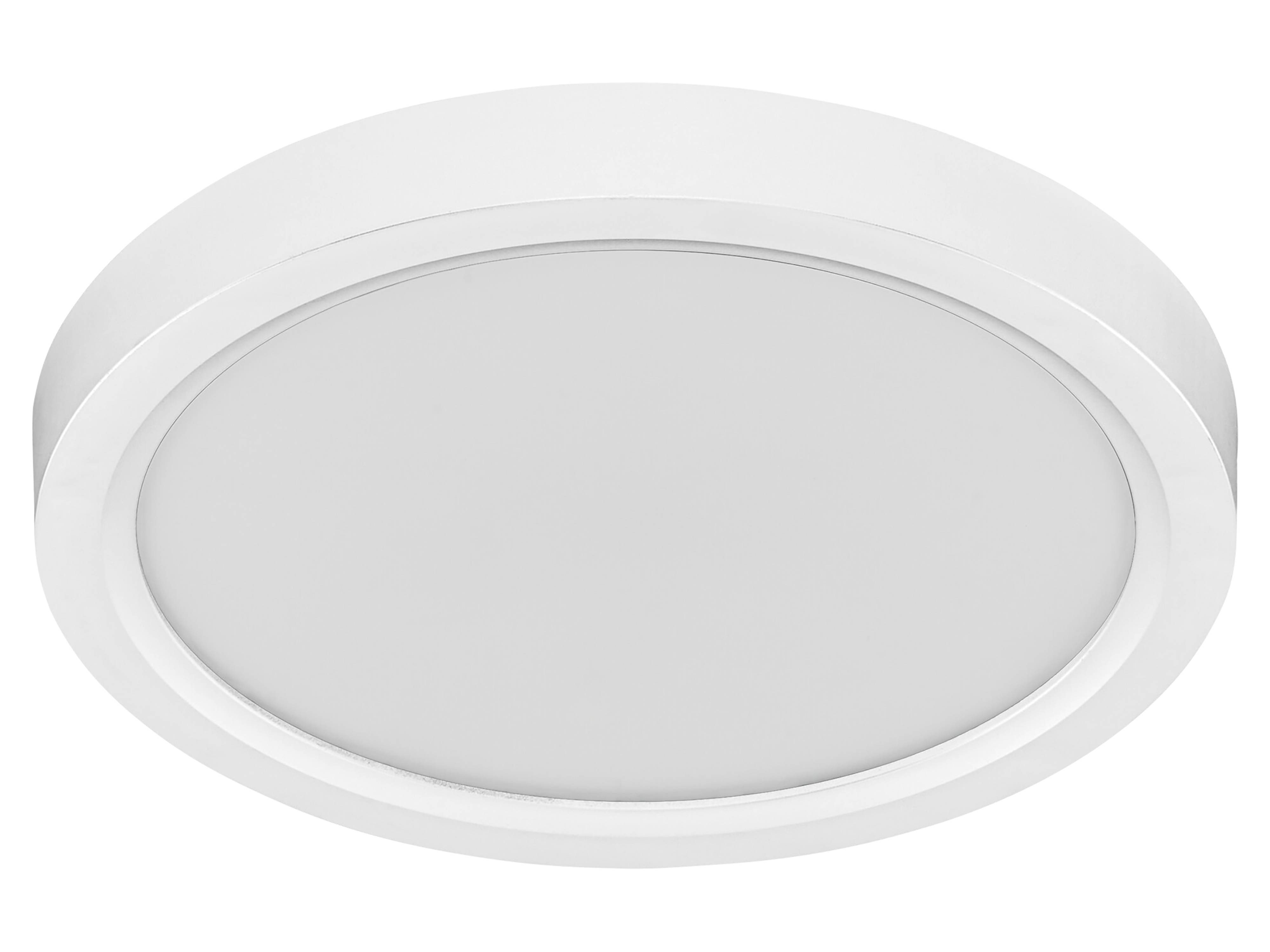Ein rundes, modernes LED-Deckenleuchte mit weißem Rahmen und diffuser Abdeckung, entworfen für gleichmäßige Beleuchtung in Innenräumen.