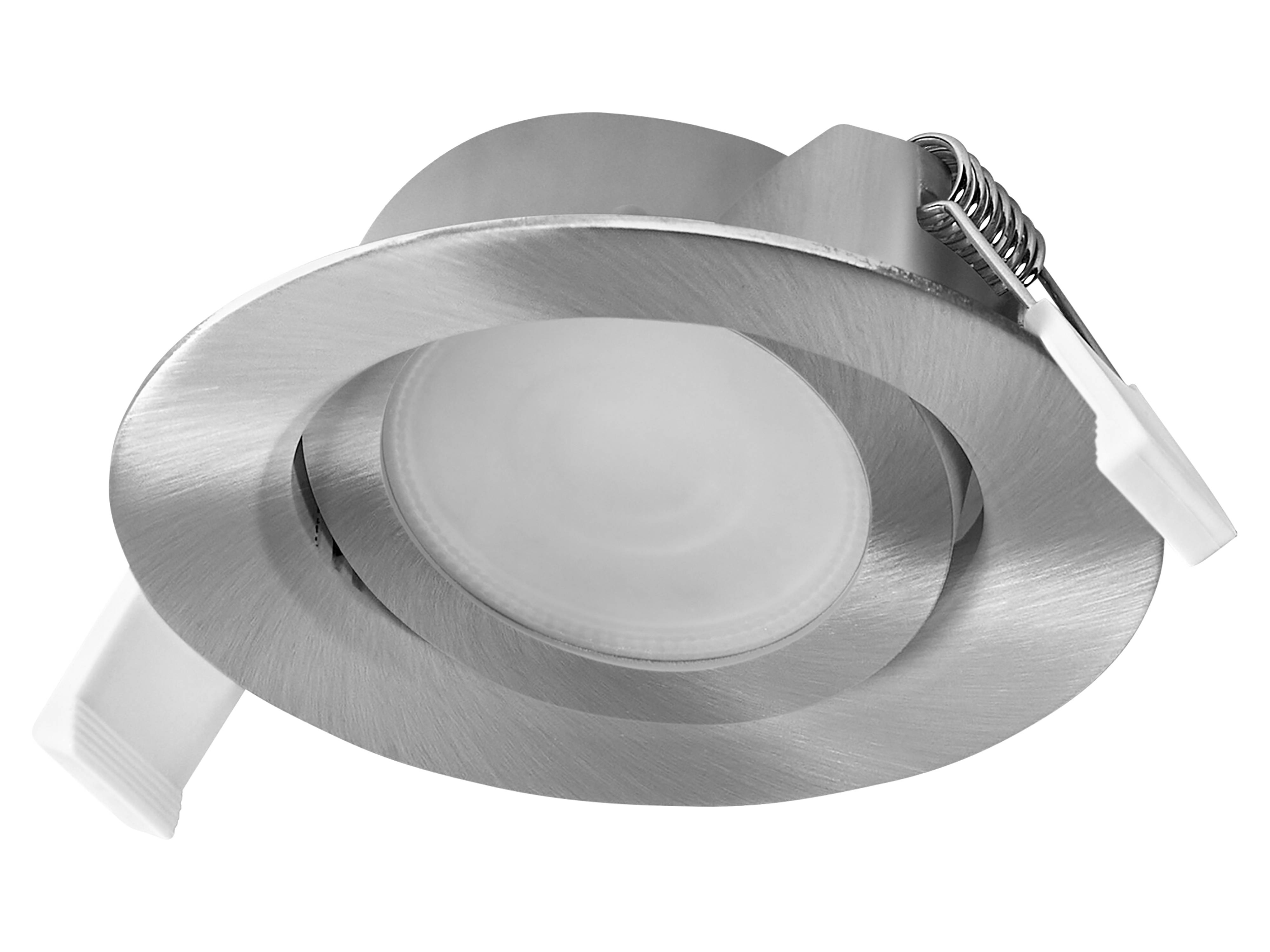 Ein metallischer runder LED-Einbaustrahler mit verstellbarem, schwenkbarem Rahmen, konzipiert für die Deckeninstallation und bietet direktionale Beleuchtung.