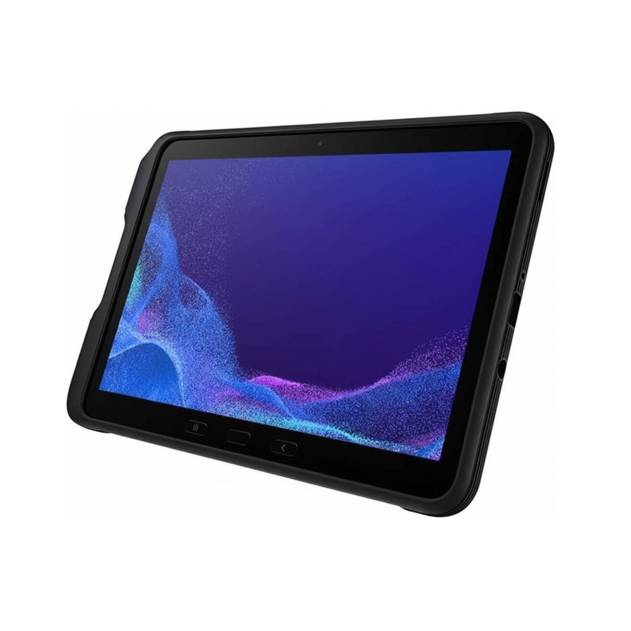 Schwarzes Tablet in einer robusten Schutzhülle, in einem Winkel angezeigt mit einem blau-violetten abstrakten Bildschirm.