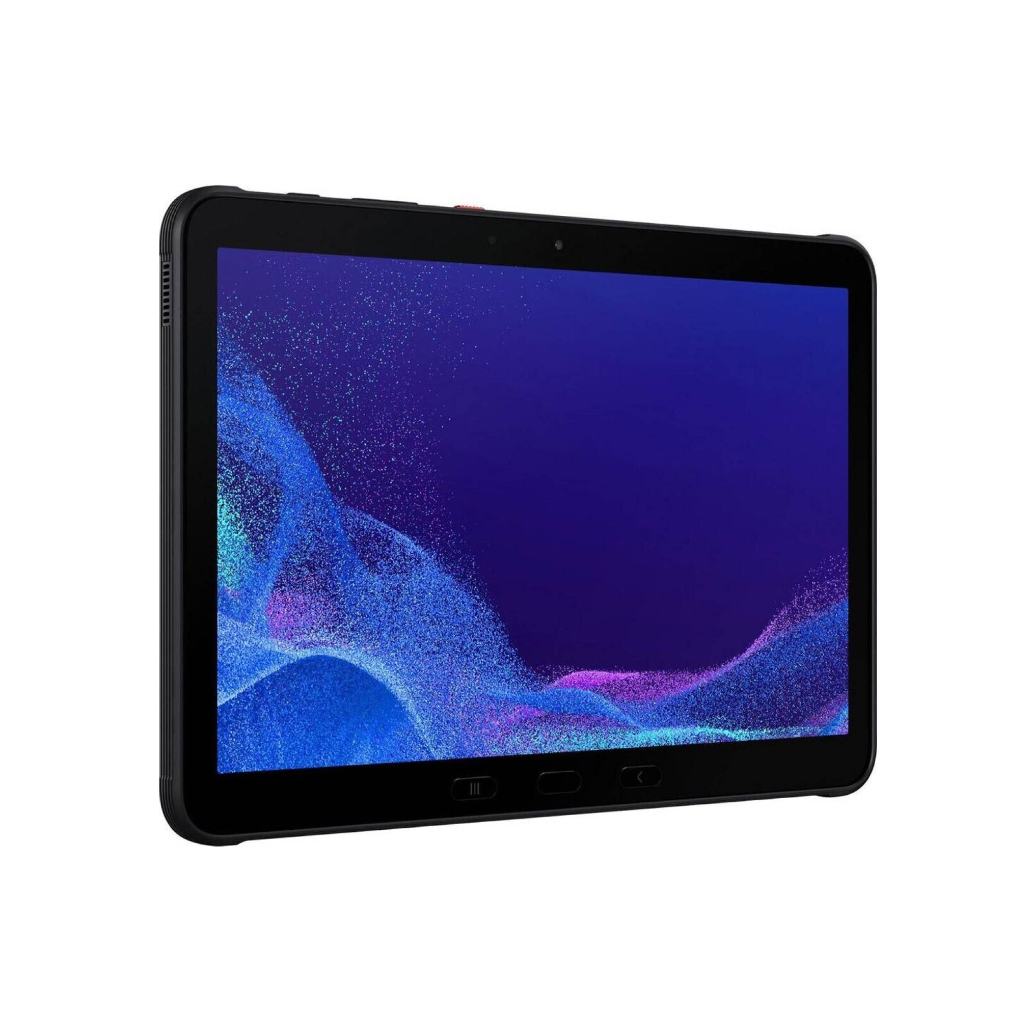 Schwarzer Tablet-Computer auf weißem Hintergrund mit abstrakter lila und blauer Tapete auf dem Bildschirm.