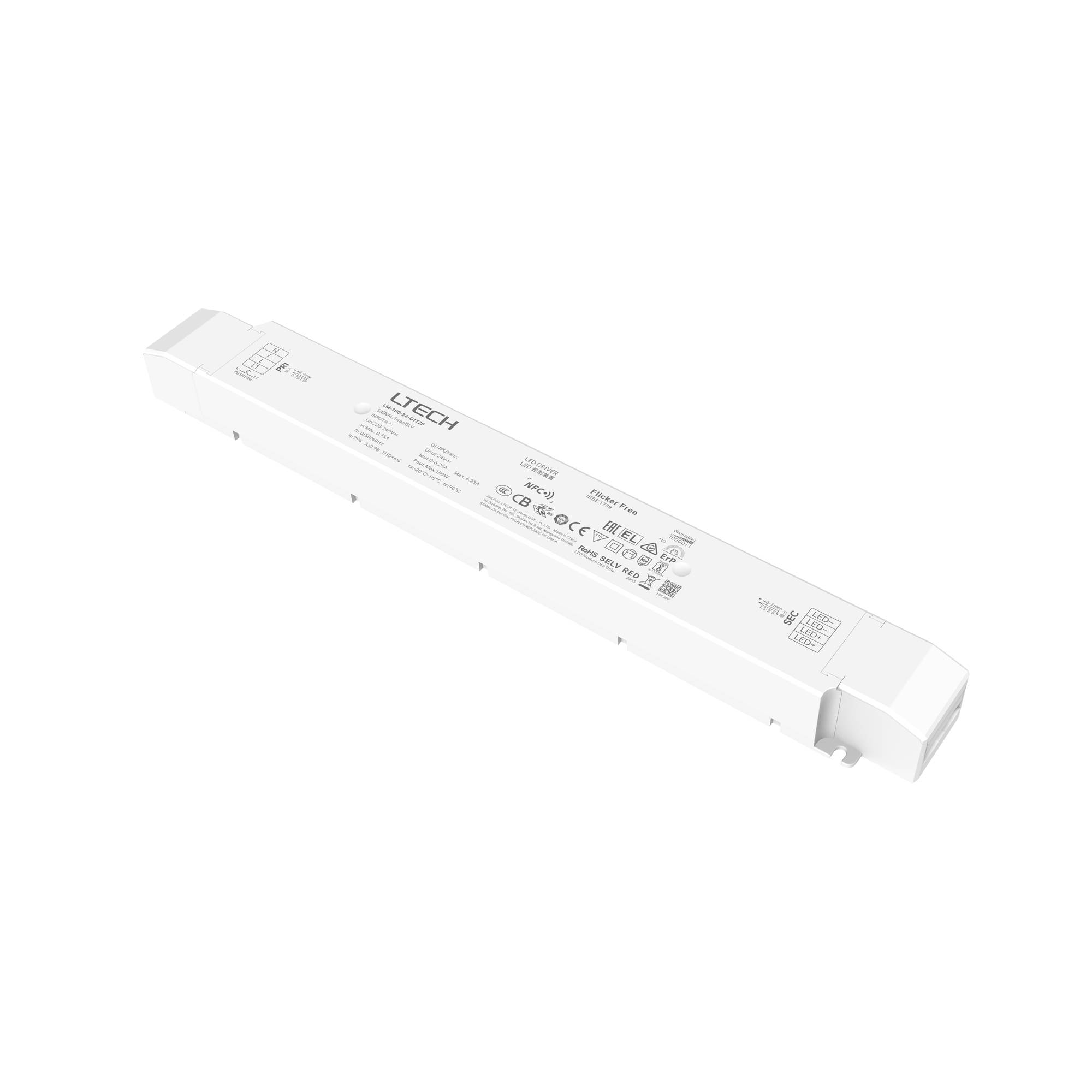 Ein schlankes, rechteckiges elektronisches Gerät mit beschrifteten technischen Spezifikationen und dem Markennamen 'Ltech' auf einem schwarzen Hintergrund.