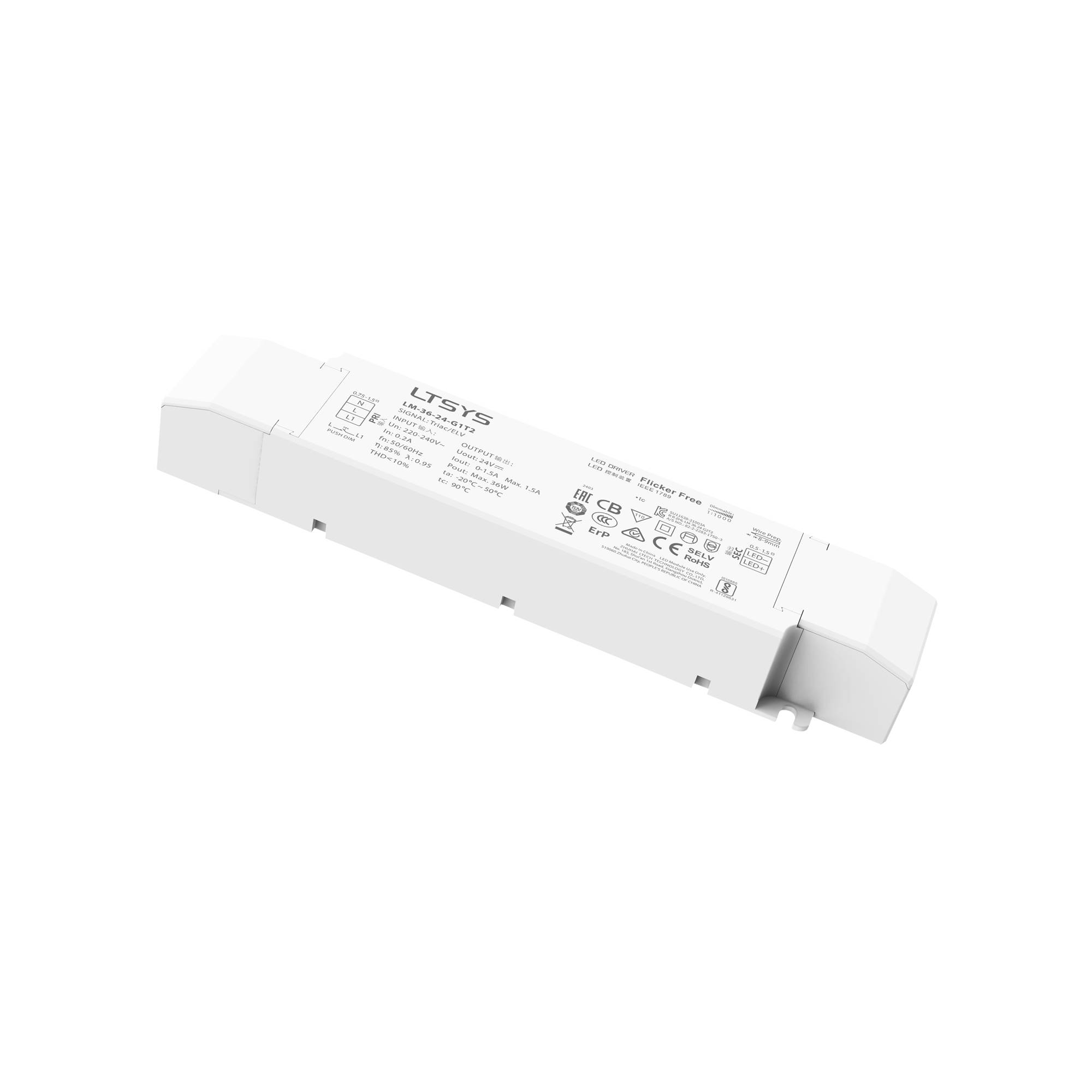 Ein weißer LED-Treiber mit Modellnummer und Spezifikationen, einschließlich Spannungs- und Stromstärkeangaben, die auf seiner Oberfläche angezeigt werden.