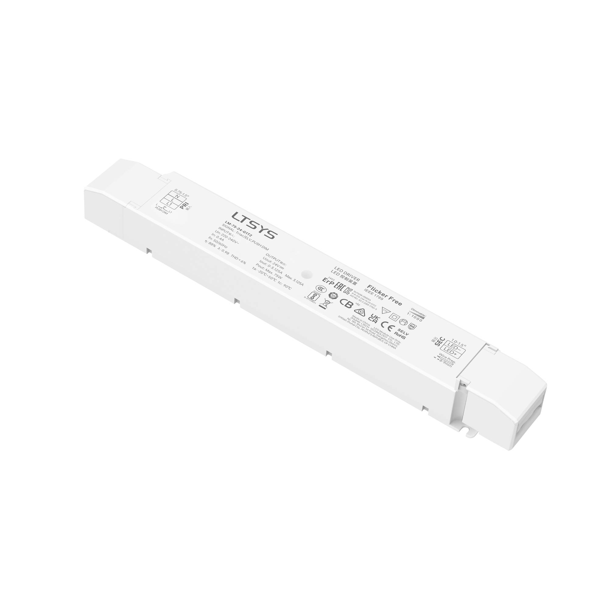 Rechteckiger weißer LED-Treiber, beschriftet mit 'LTSYS', mit technischen Spezifikationen und Sicherheitssymbolen, entwickelt für Beleuchtungssteuerungssysteme.