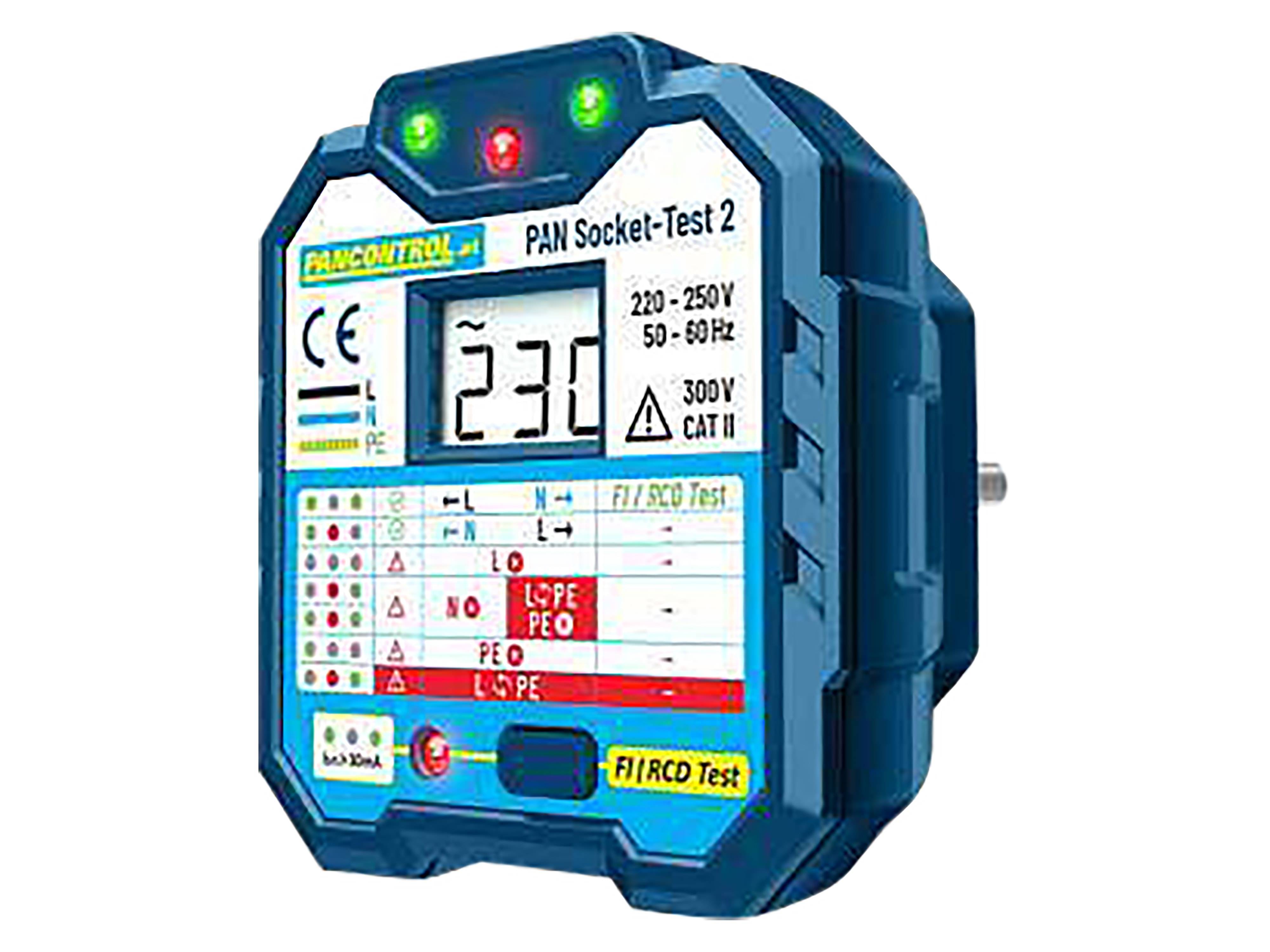 Stromprüfer zeigt '230' Volt auf dem Display mit LED-Anzeigen, beschriftet mit 'N <-> L PE' und Tasten zum Testen von Steckdosenverbindungen.
