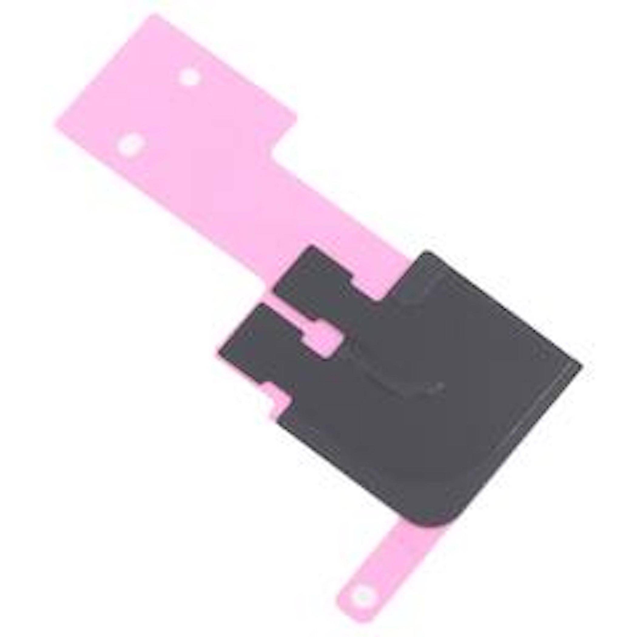 Eine kleine, rosa-schwarze Klebkomponente für elektronische Geräte, wahrscheinlich zum Befestigen von Innenteilen wie Batterien verwendet.
