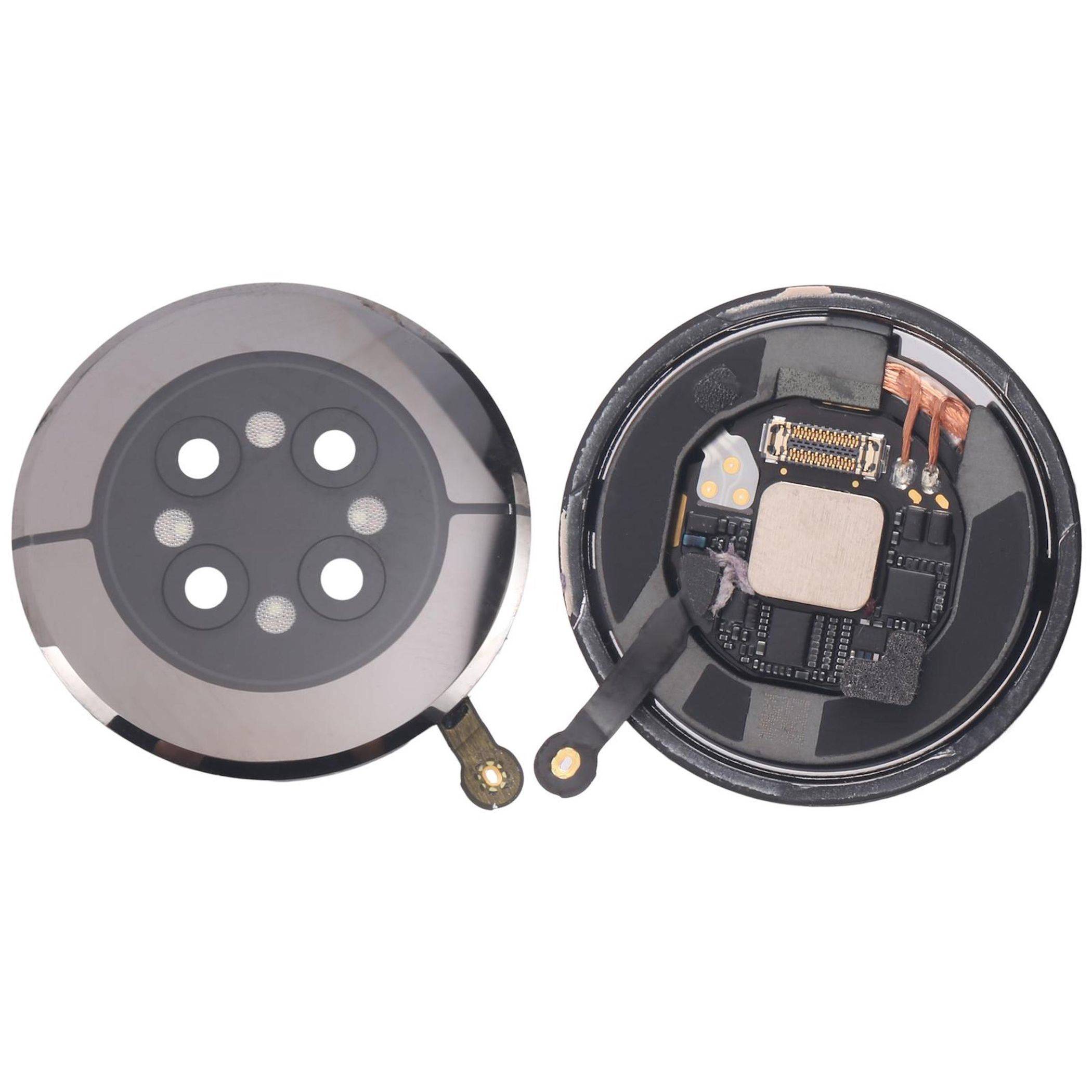 Zwei Komponenten eines Smartwatch-Herzfrequenzsensorsystems: eine intakte Komponente mit vier kreisförmigen LED-Öffnungen und eine, die die interne Schaltung freilegt.