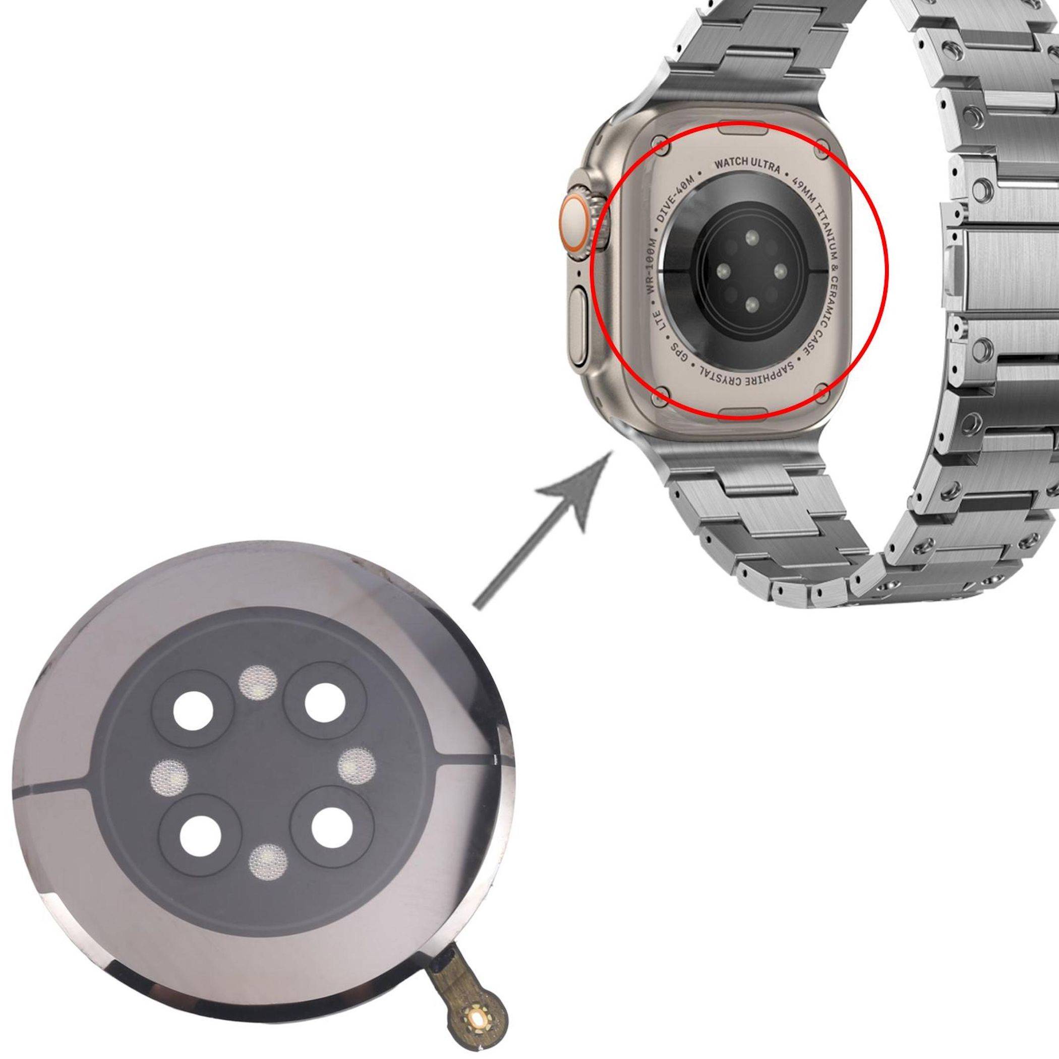 Das Bild zeigt die Rückseite einer Smartwatch und hebt den Sensorbereich zur Gesundheitsüberwachung hervor. Eine Nahaufnahme des Sensors ist darunter zu sehen.