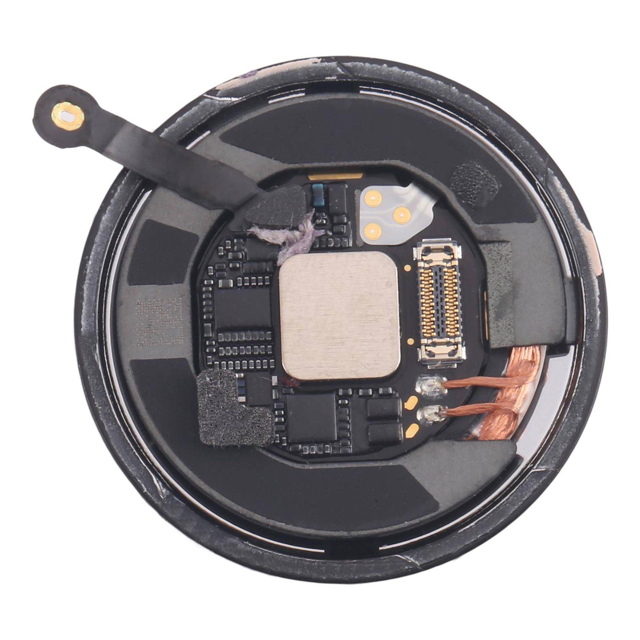 Innenansicht eines runden elektronischen Geräts, das eine Leiterplatte mit verschiedenen Komponenten und Kupferspulen zeigt.