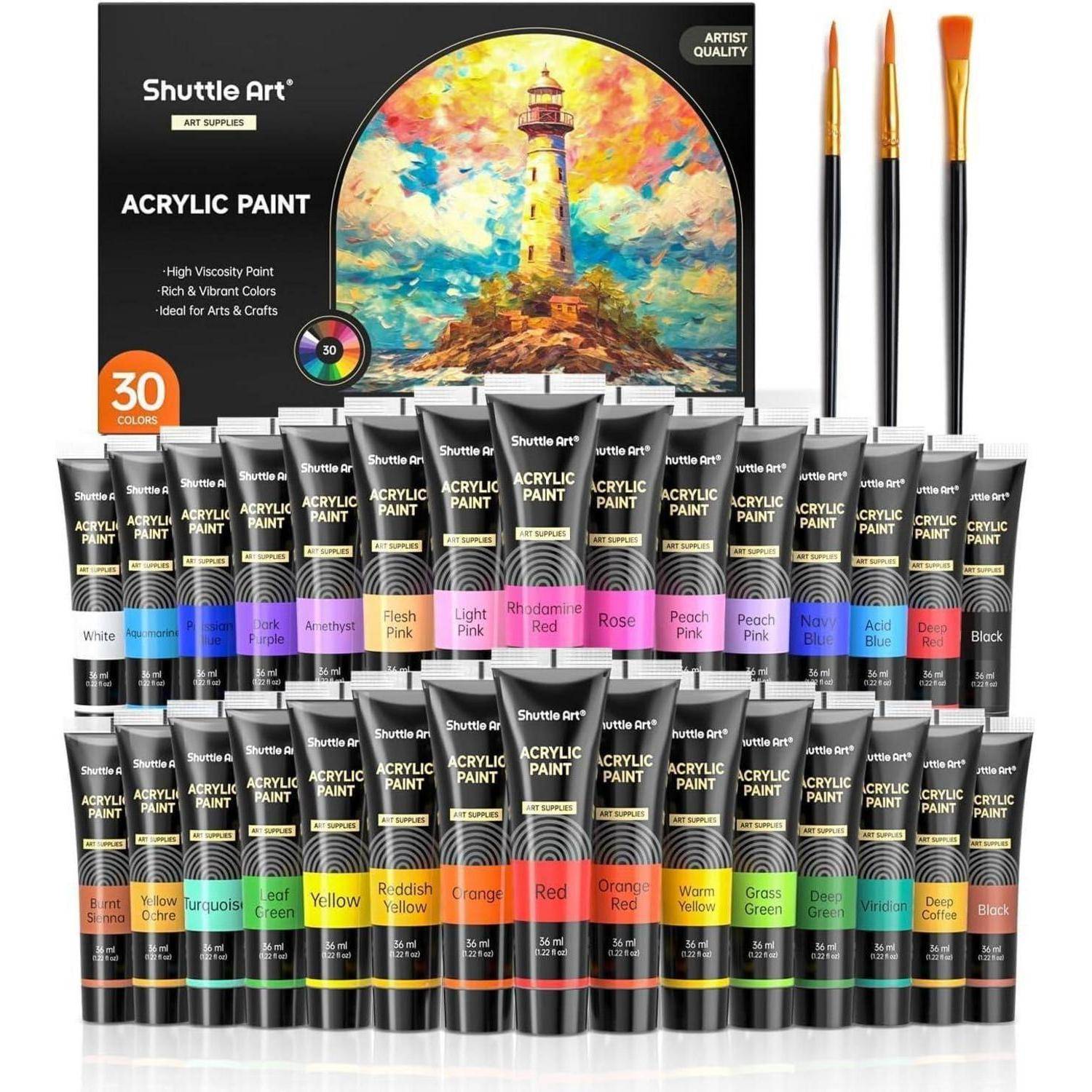 Acrylfarben-Set von Shuttle Art, 30 Farben in Tuben. Inklusive Pinsel und einem lebhaften Leuchtturmgemälde auf der Verpackungsvorderseite.