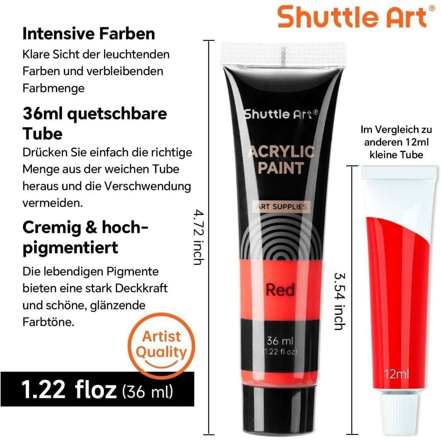 Der 'Shuttle Art' Acrylfarben-Set zeigt eine 36-ml-Tube 'Rot' mit intensiven Farben, hervorgehoben als hochpigmentiert und cremig.