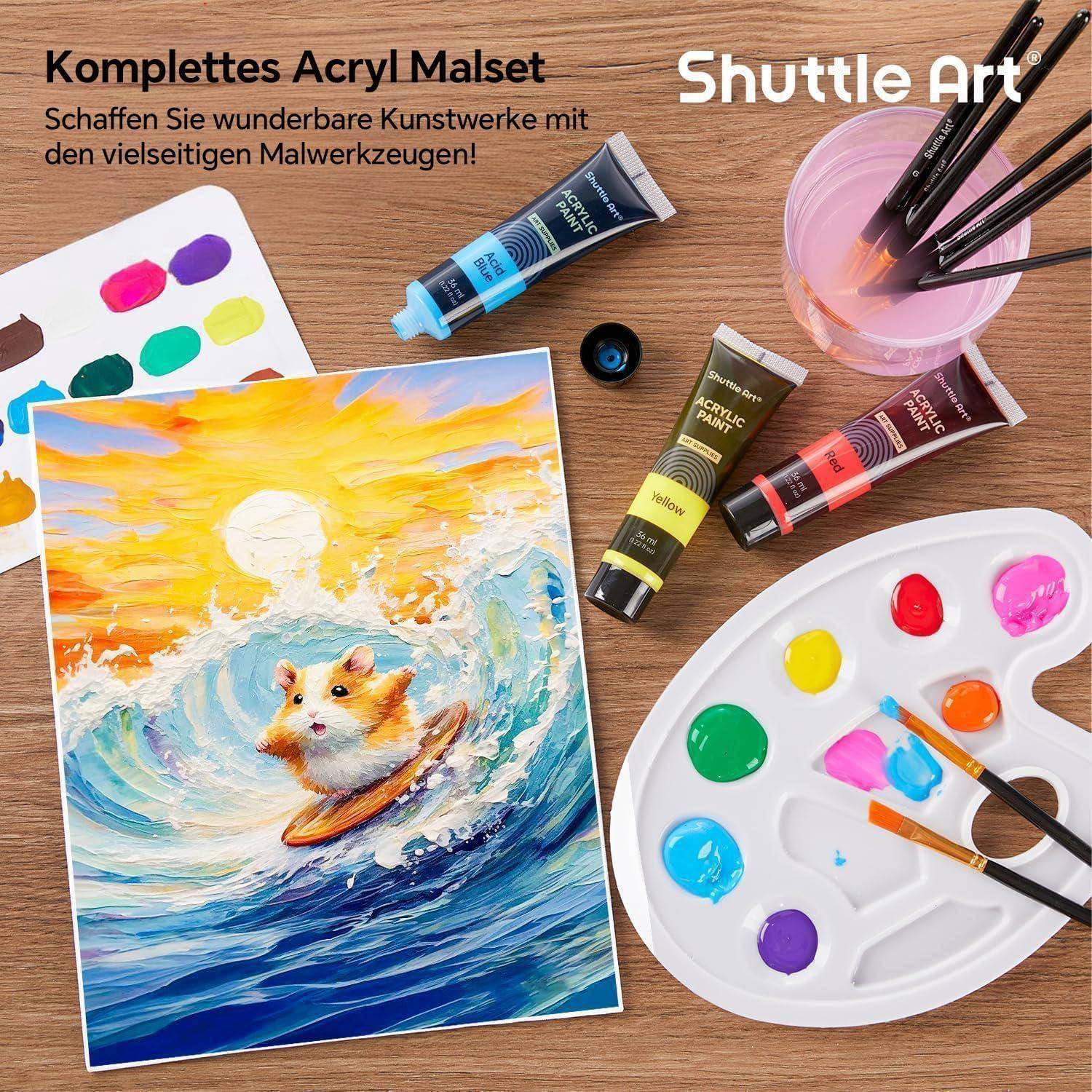 Acryl-Malset mit einem lebhaften Gemälde eines surfenden Hamsters auf einer Welle, umgeben von Farbtuben, einer Palette und Pinseln.