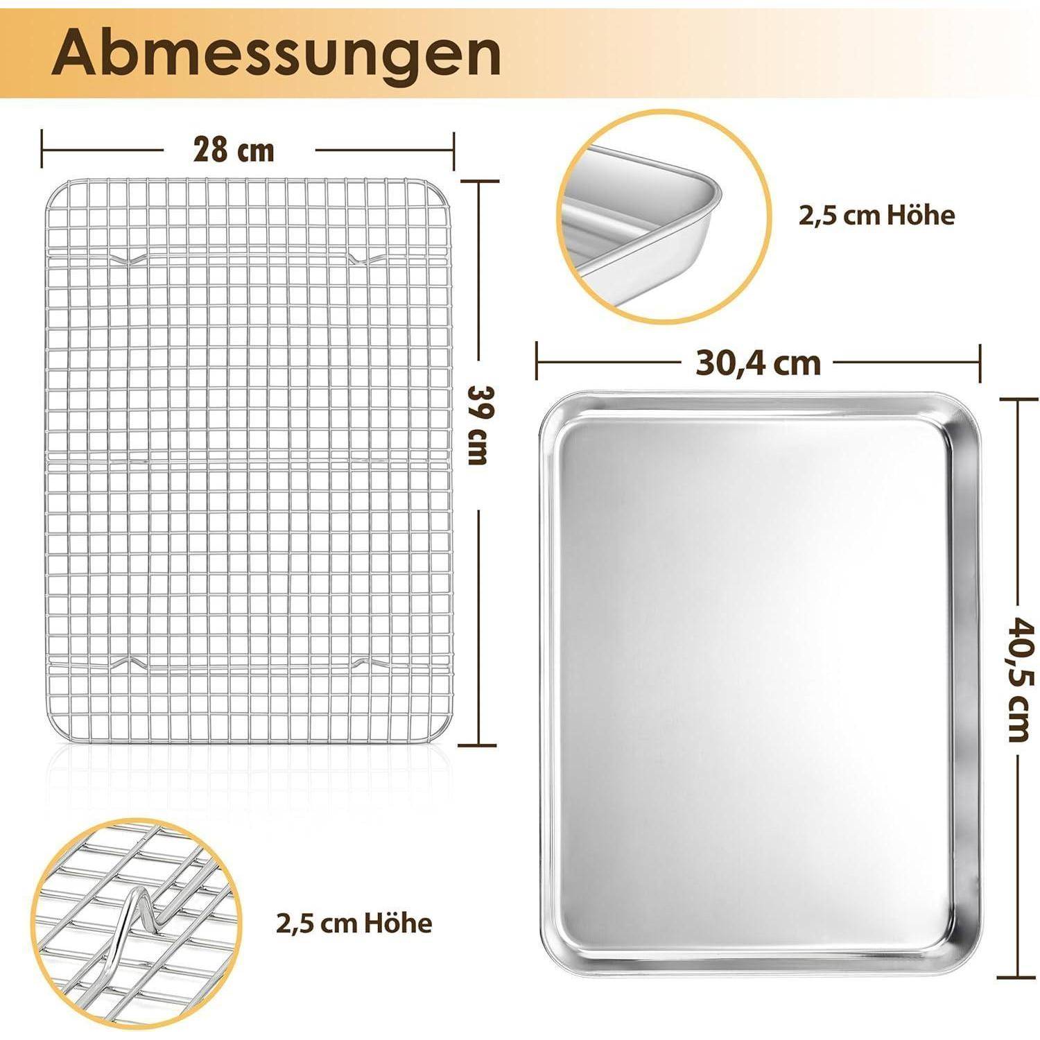 Die Abmessungen zeigen ein Backblech und einen Drahtrost mit folgenden Maßen: Blech 30,4 cm x 40,5 cm, Rost 28 cm x 39 cm, beide 2,5 cm hoch.