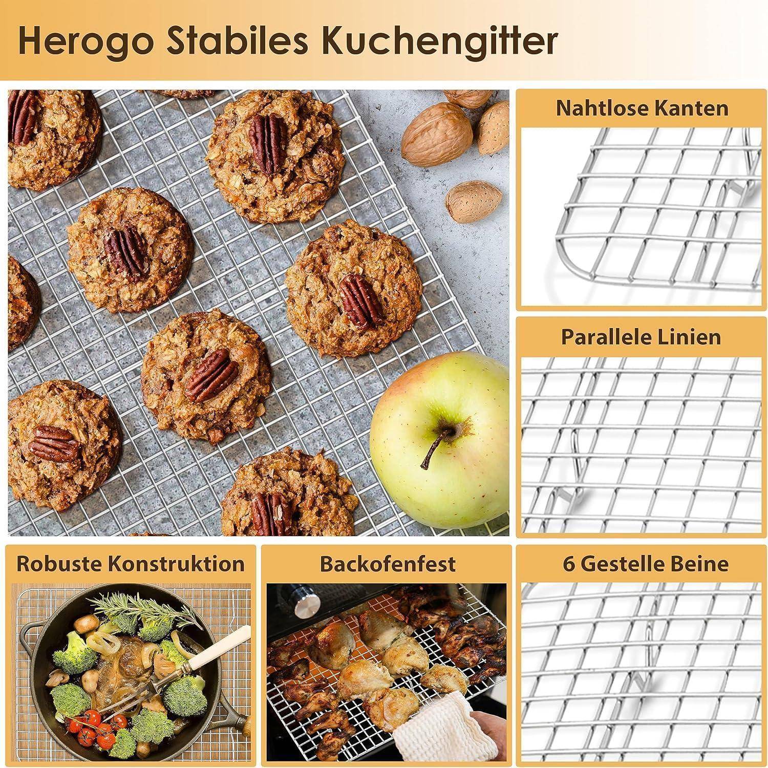 Backabkühlgitter mit Keksen und Apfel darauf. Merkmale umfassen nahtlose Kanten, parallele Linien, robustes Design, ofenfest, 6 Gitterbeine.
