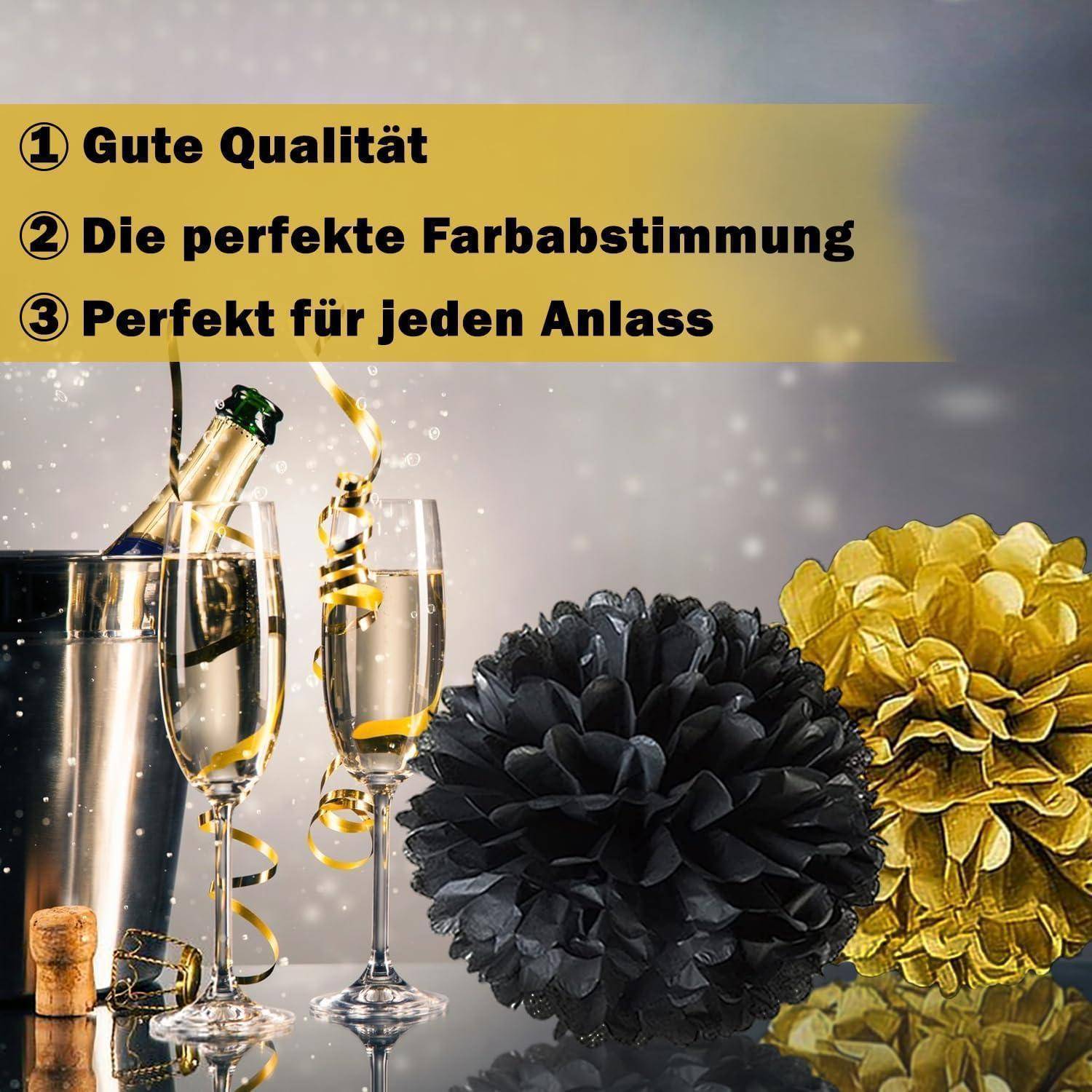 Eine Flasche Champagner und Gläser mit goldenen Bändern neben schwarzen und goldenen Pompons. Text: 1. Hohe Qualität 2. Die perfekte Farbabstimmung 3. Perfekt für jeden Anlass.