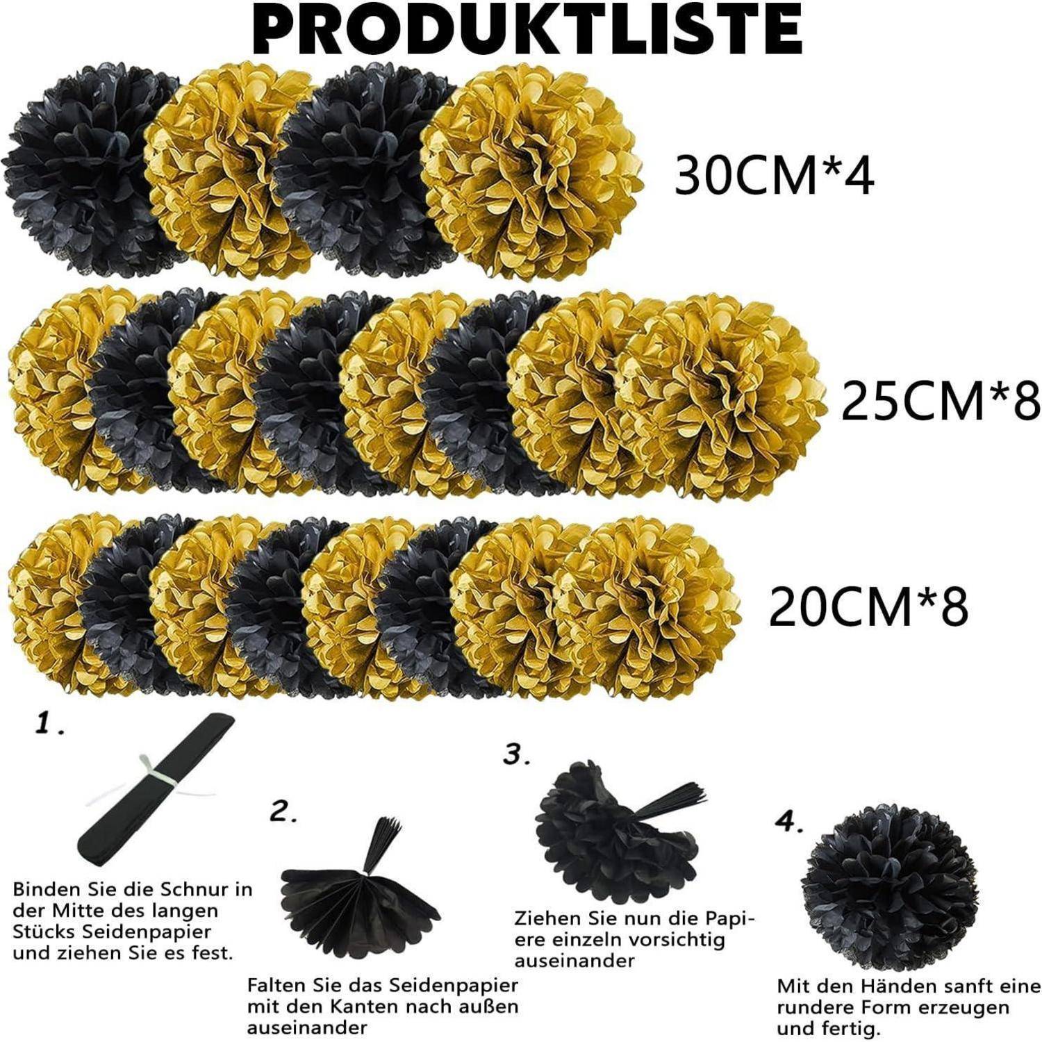 Schwarzes Gold Pompons Deko 20 Stück Seidenpapier - Schwarz Gold Thema