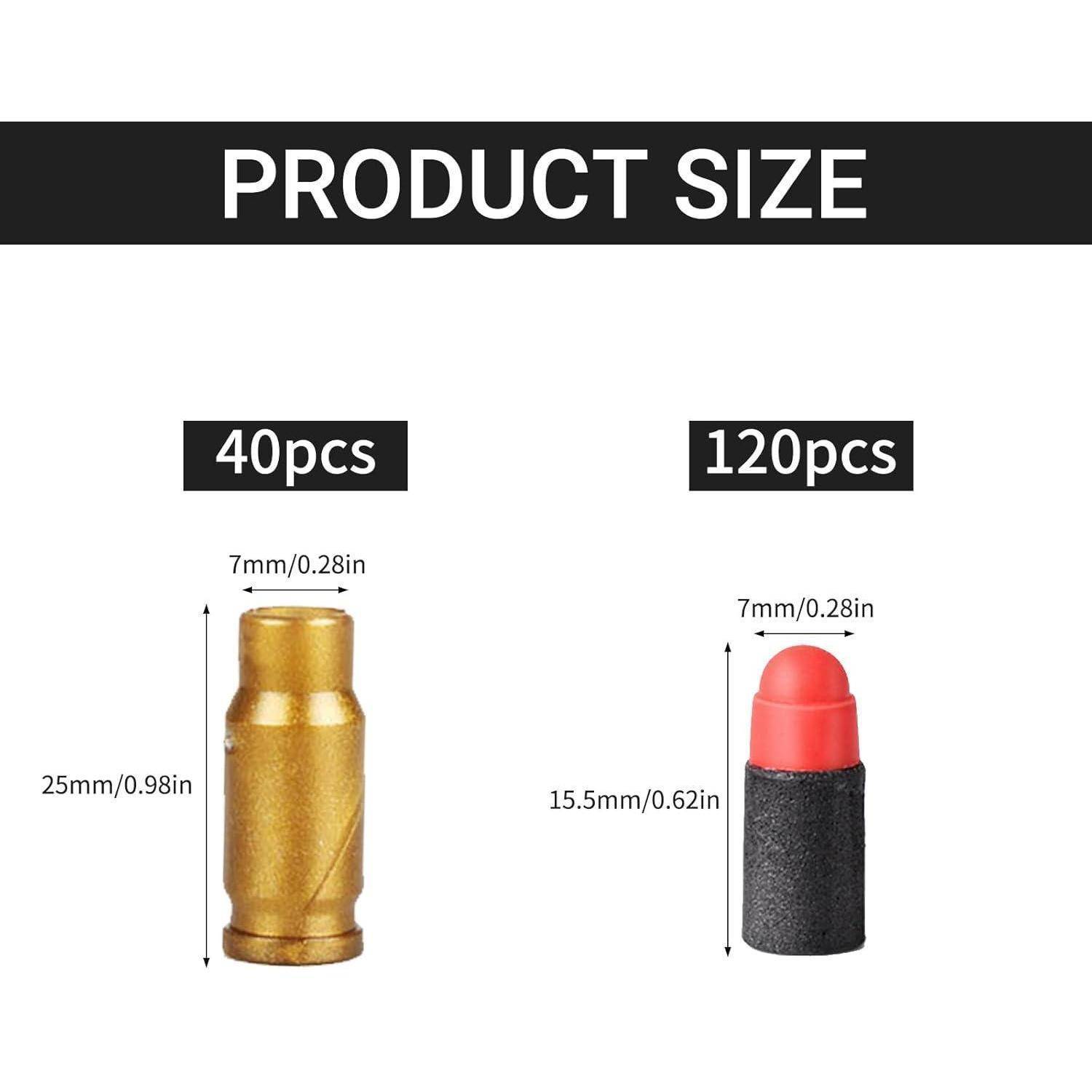 Produktgröße': Zwei Artikel dargestellt. Links: goldener Zylinder, 40 Stück, 7 mm Durchmesser, 25 mm Höhe. Rechts: roter Zylinder mit Spitze, 120 Stück, 7 mm Durchmesser, 15,5 mm Höhe.