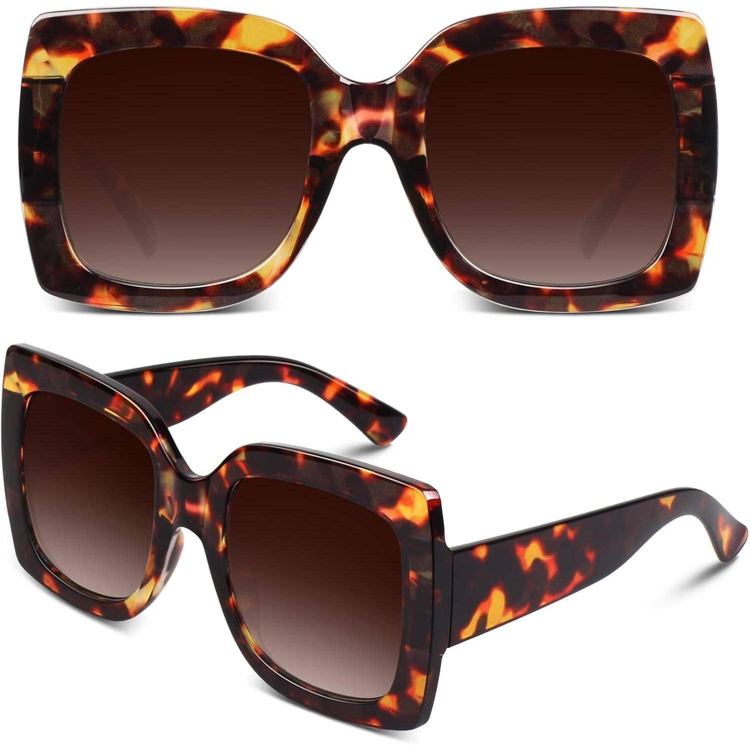 Schildpatt-eckige Sonnenbrille mit dunklen Gläsern, von vorne und von der Seite gezeigt, die das stilvolle, mutige Design hervorheben.