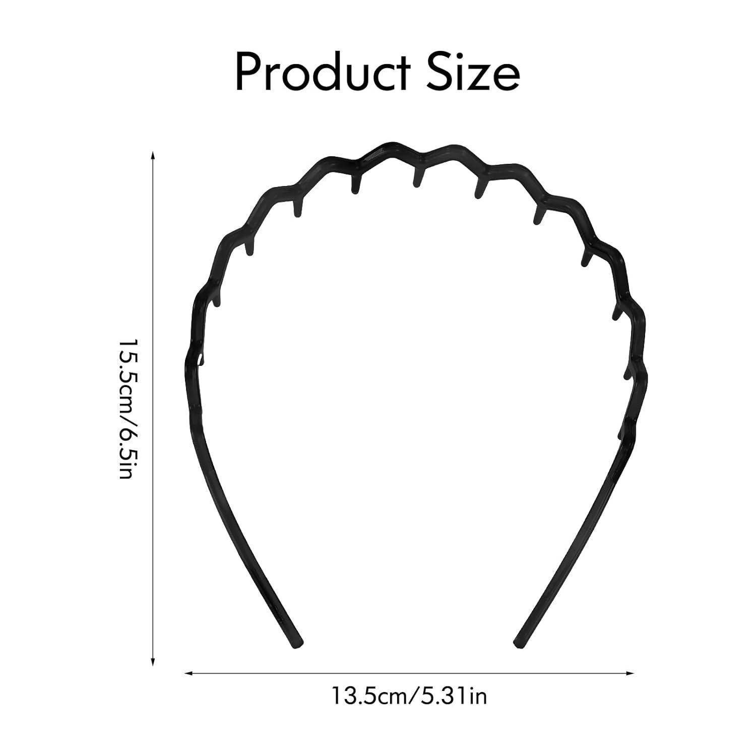 Ein schwarzes Zickzack-Haarband wird gezeigt mit den Abmessungen: 15,5 cm (6,1 Zoll) in der Höhe und 13,5 cm (5,31 Zoll) in der Breite.