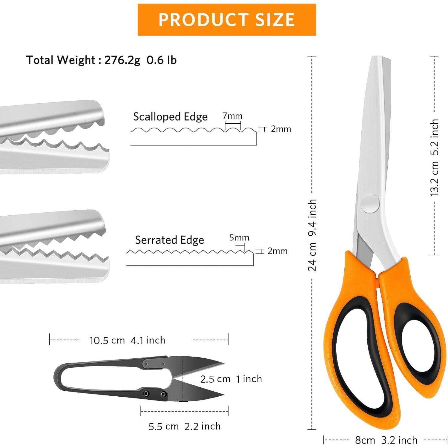 Diagramm mit Details einer Schere mit gezackten und gezahnten Kanten. Maße: Gesamthöhe 24 cm, Klingenlänge 10,5 cm.