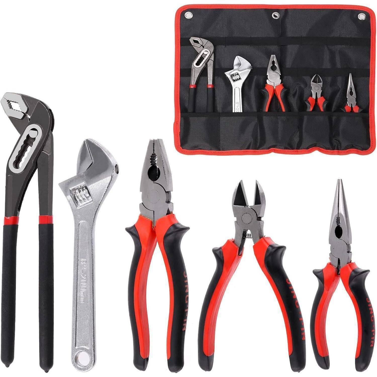 Ein Satz Handwerkzeuge, der Schraubenschlüssel, Zangen und eine Werkzeugtasche umfasst, jeweils mit roten und schwarzen Details, für praktischen Einsatz organisiert.