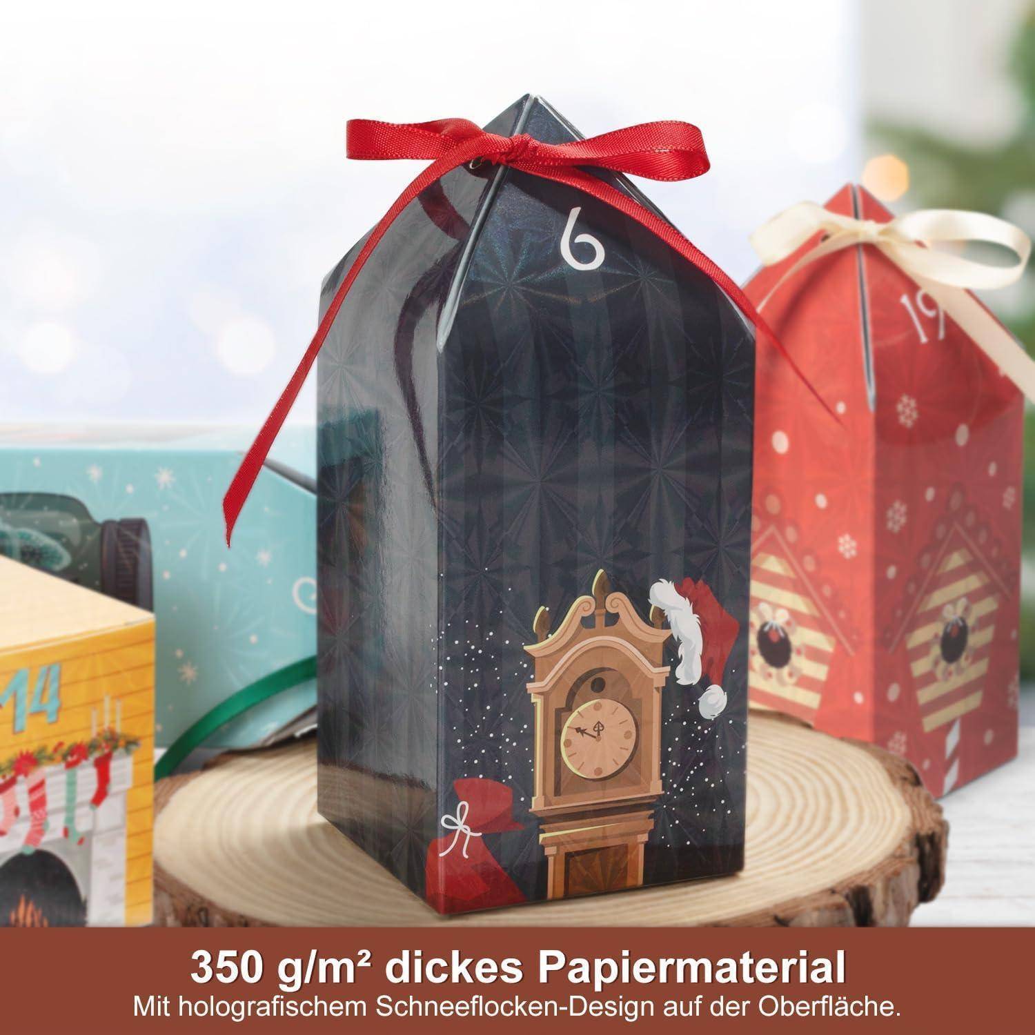 Dunkle rechteckige Box mit einer Uhrendesign und Schneeflockenmuster. Rotes Band oben. Text darunter liest sich: 