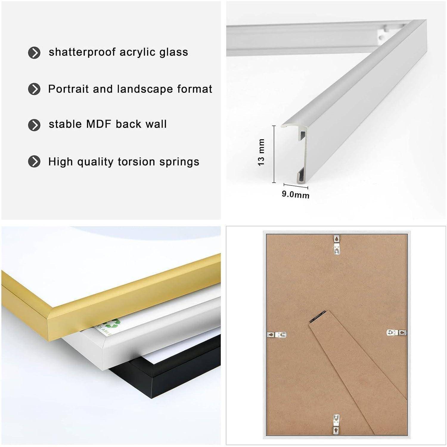Splitterfreies Acrylglas, Porträt- und Querformat, stabile MDF-Rückwand, hochwertige Torsionsfedern. Rahmenabmessungen: 13 mm x 9 mm.