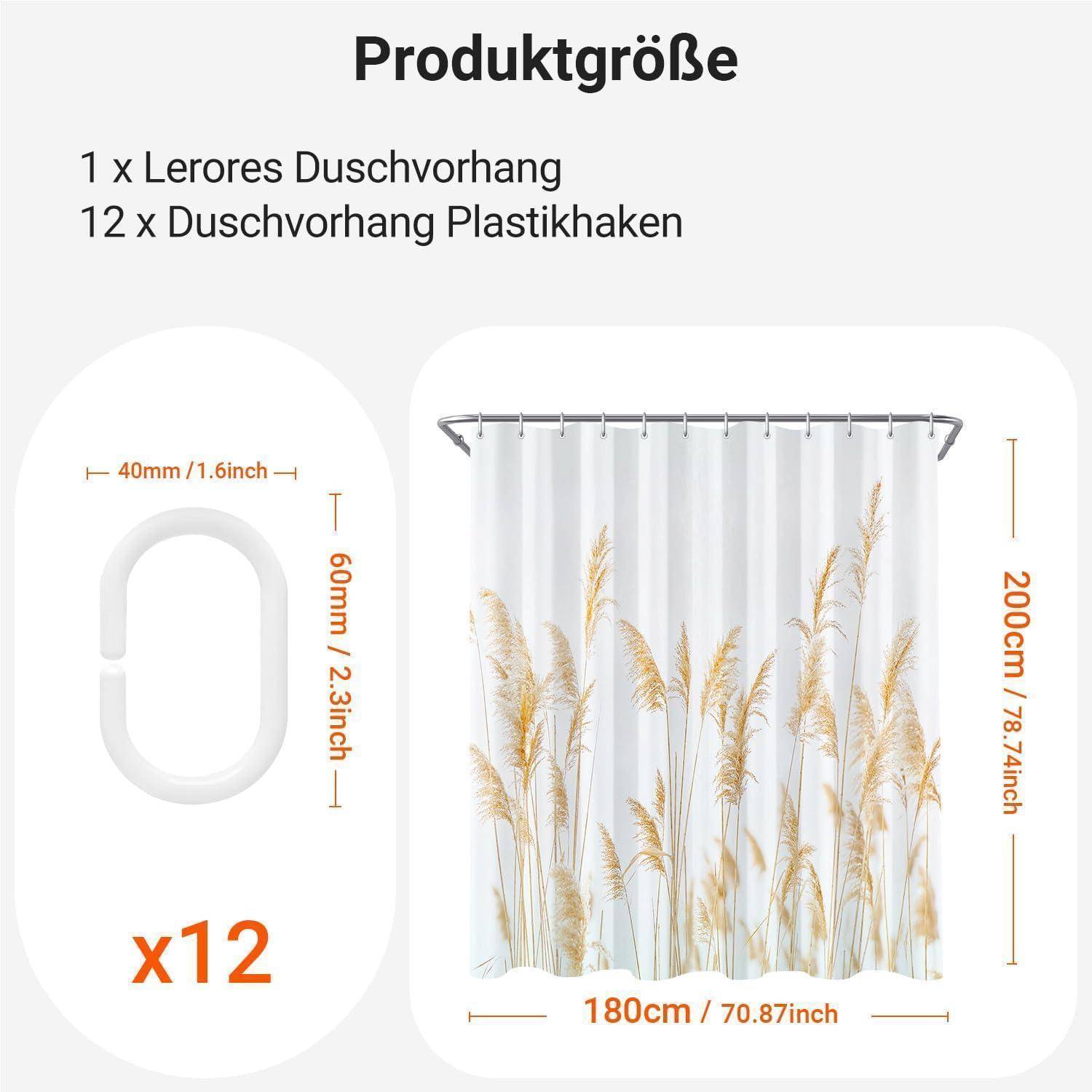 Produktgröße' zeigt einen Duschvorhang mit Schilfrohr-Design in Beige, misst 180 cm x 200 cm und verfügt über 12 weiße Kunststoffringe in der Größe 40 mm x 60 mm.