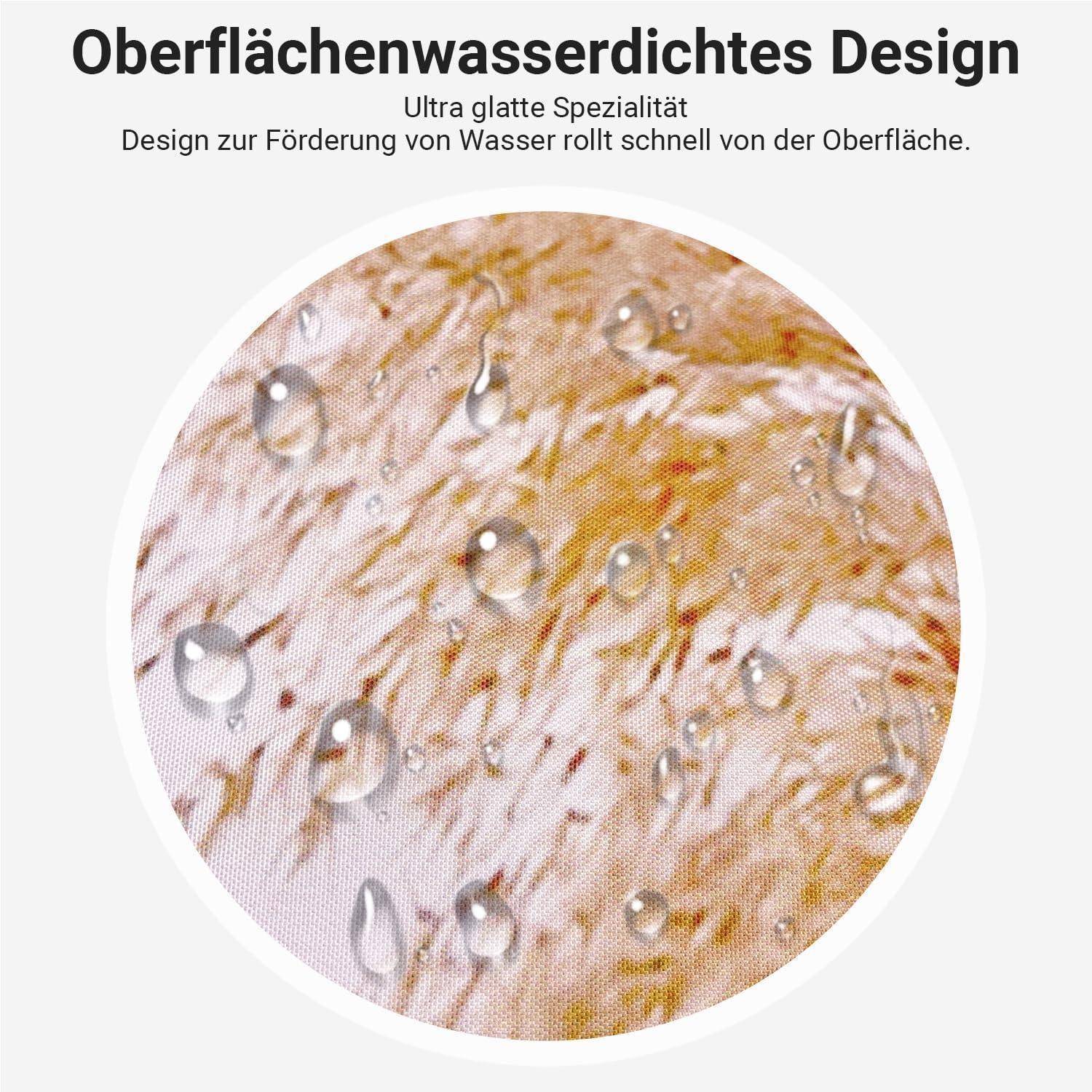 Design mit Oberflächenwasserdichtigkeit, bei dem Wassertropfen von einer glatten Oberfläche abgleiten und die wasserabweisenden Eigenschaften veranschaulichen.