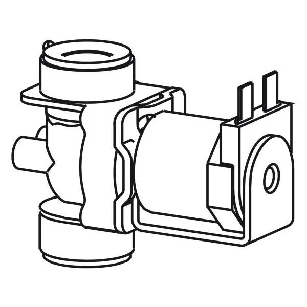 Schwarz-Weiß-Linienzeichnung einer elektrischen Pumpe oder motorisierten Ventilbaugruppe mit zylindrischem Gehäuse und Befestigungsklemmen.