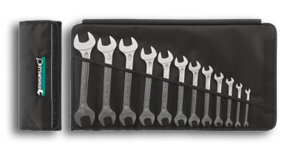 Produktbeschreibung Schraubenschlüssel mit metrischen, ungleichen Schlüsselweiten in Rolltasche gerade Ausführung, Maulstellung 15 stabile