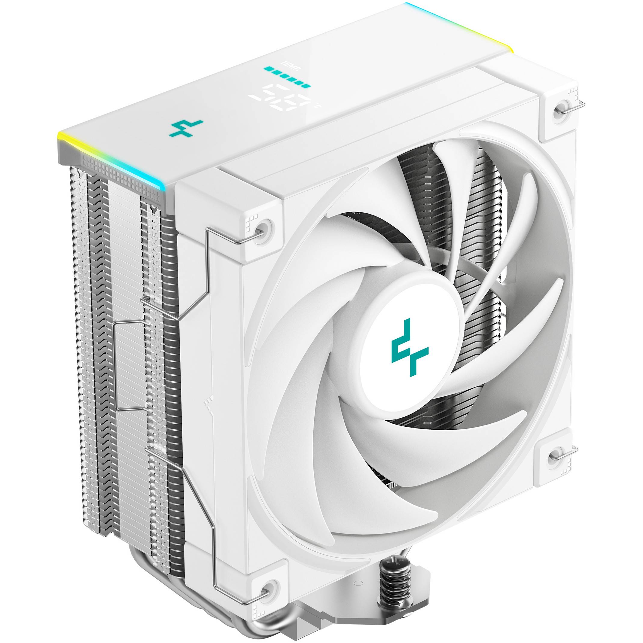 Weißer Computer-Kühlventilator mit mehreren Klingen, der ein kompaktes Design für Desktop-CPUs aufweist.