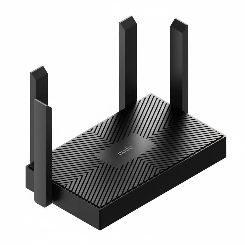 Schwarzer WLAN-Router mit vier vertikalen Antennen, mit elegantem, modernem Design und dem Wort „cudy