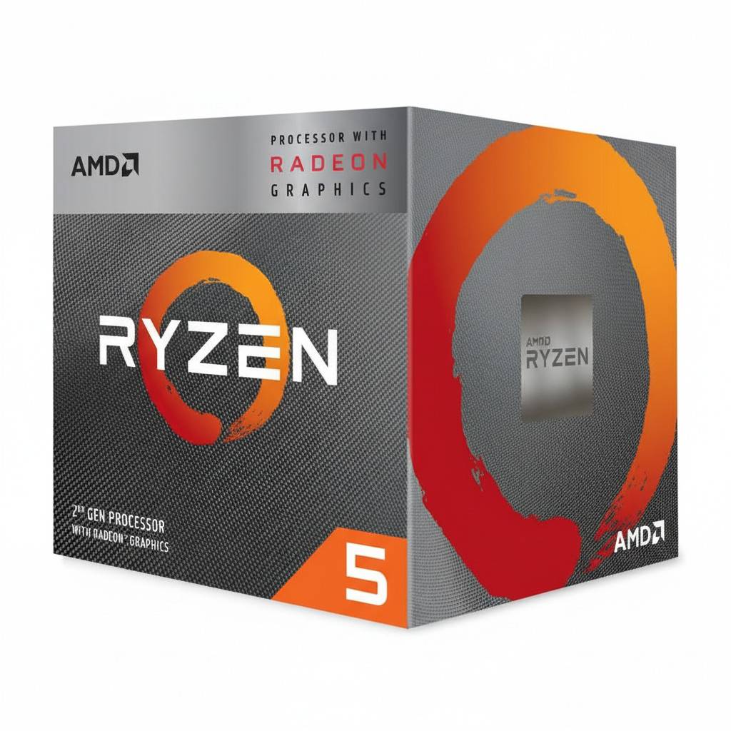 AMD Ryzen 5 Prozessor-Box mit Radeon-Grafik-Logo; klares, modernes Design mit oranger '5' auf grauem Hintergrund.