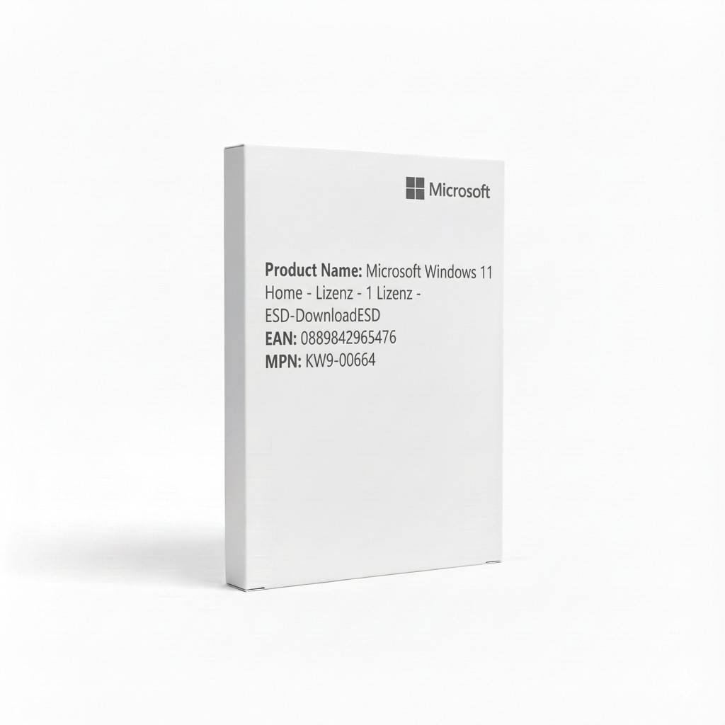 Box displaying the product name 'Microsoft Windows 11 Home - Lizenz', ESD-Download, EAN: 0889842965476, MPN: KW9-00664.