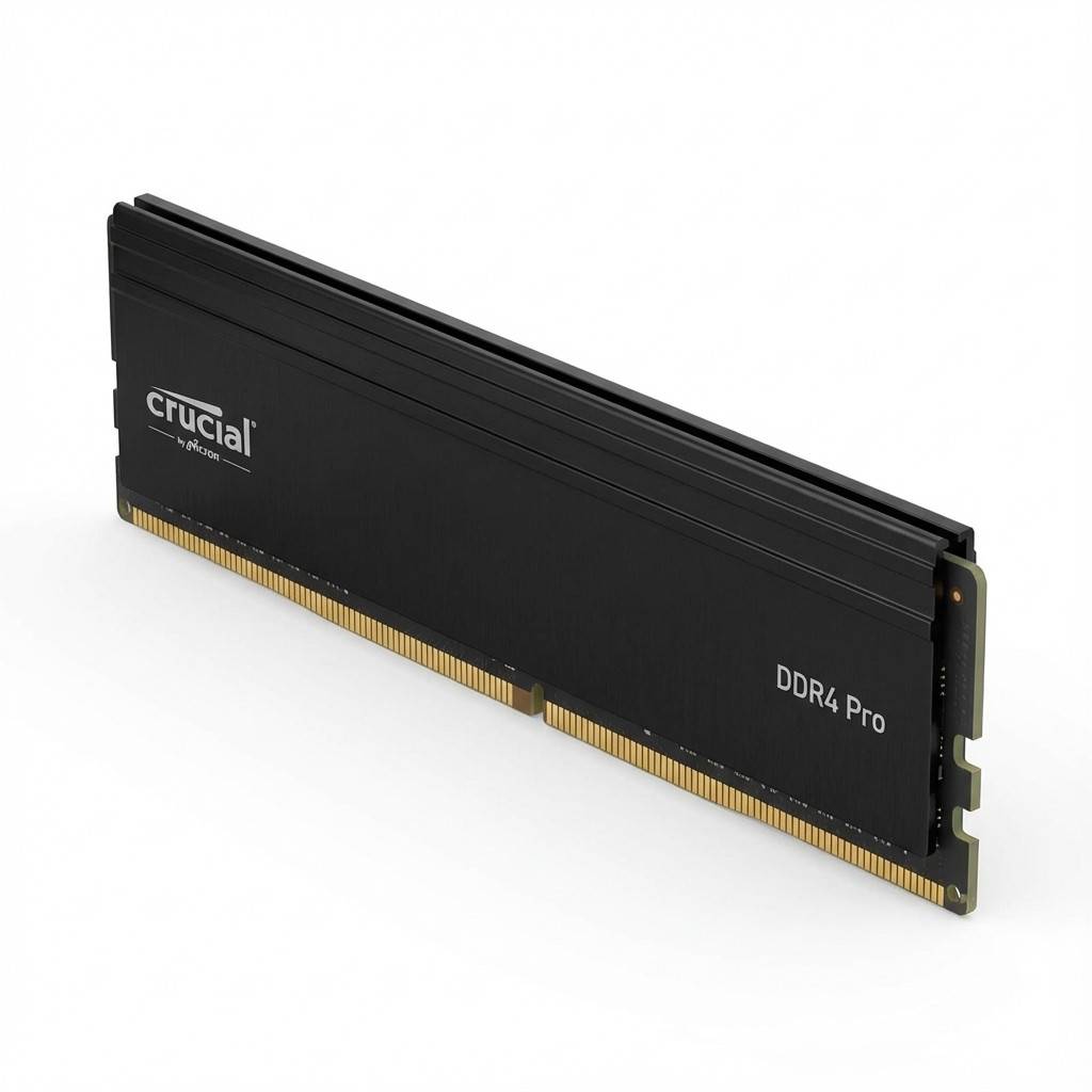 Ein schwarzes Crucial DDR4 Pro RAM-Modul mit goldenen Anschlüssen, entwickelt zur Leistungssteigerung von Computern.