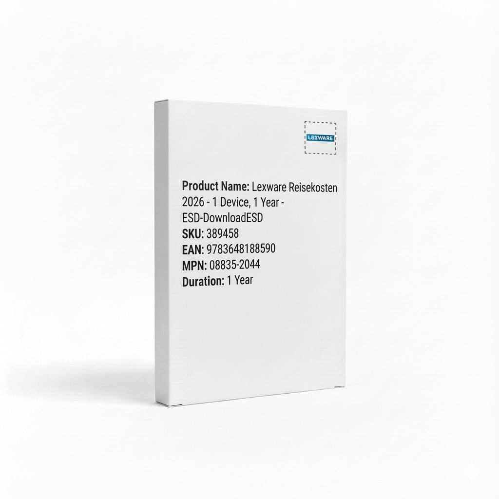 Lexware Reisekosten 2026' Softwarepaket, 1 Gerät, 1 Jahr Laufzeit. Details umfassen SKU: 389458 und EAN: 9783648188590.