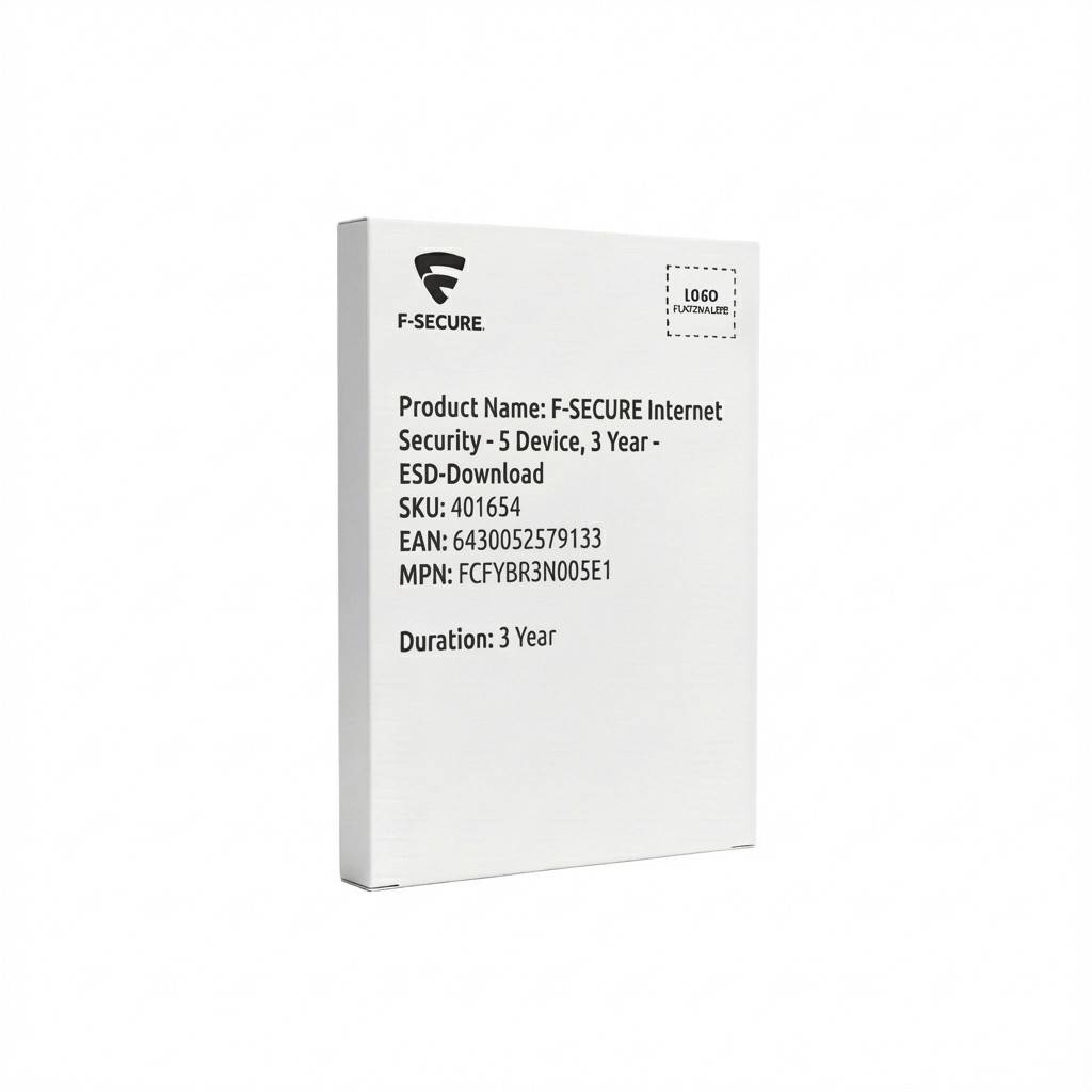 F-SECURE Internet Security Paket gezeigt. Umfasst 5 Geräte, 3-Jahre Schutz, ESD-Download. SKU: 401654, EAN: 6430052579133.