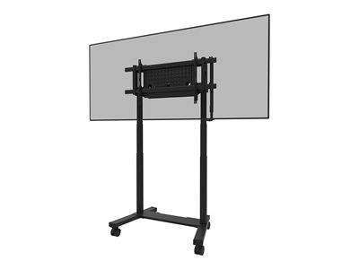 Mobiler TV-Ständer mit verstellbarer Halterung auf Rollen, konzipiert für Flachbildschirme. Geeignet für Büro- oder Präsentationszwecke.