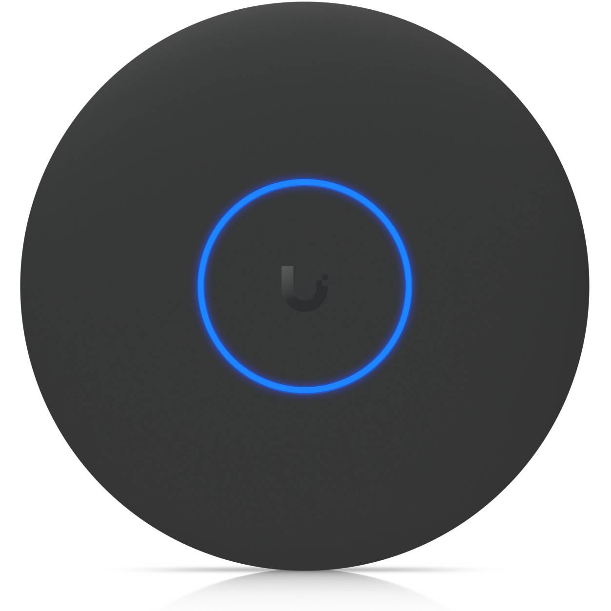 Ein kreisförmiger schwarzer WLAN-Zugangspunkt mit einem leuchtenden blauen Ring in der Mitte, der darauf hindeutet, dass er eingeschaltet und funktionsfähig ist.